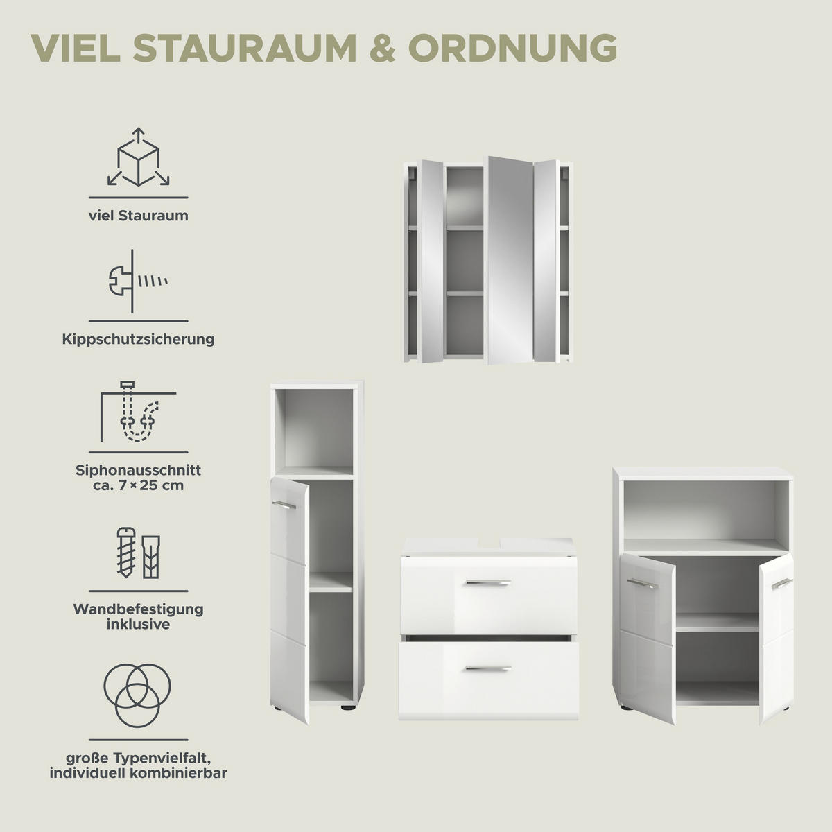 BADKOMBINATION Ice 180x185x30 cm weiß Hochglanz MDF 4tlg. - Weiß, Holz (180/185/30cm)