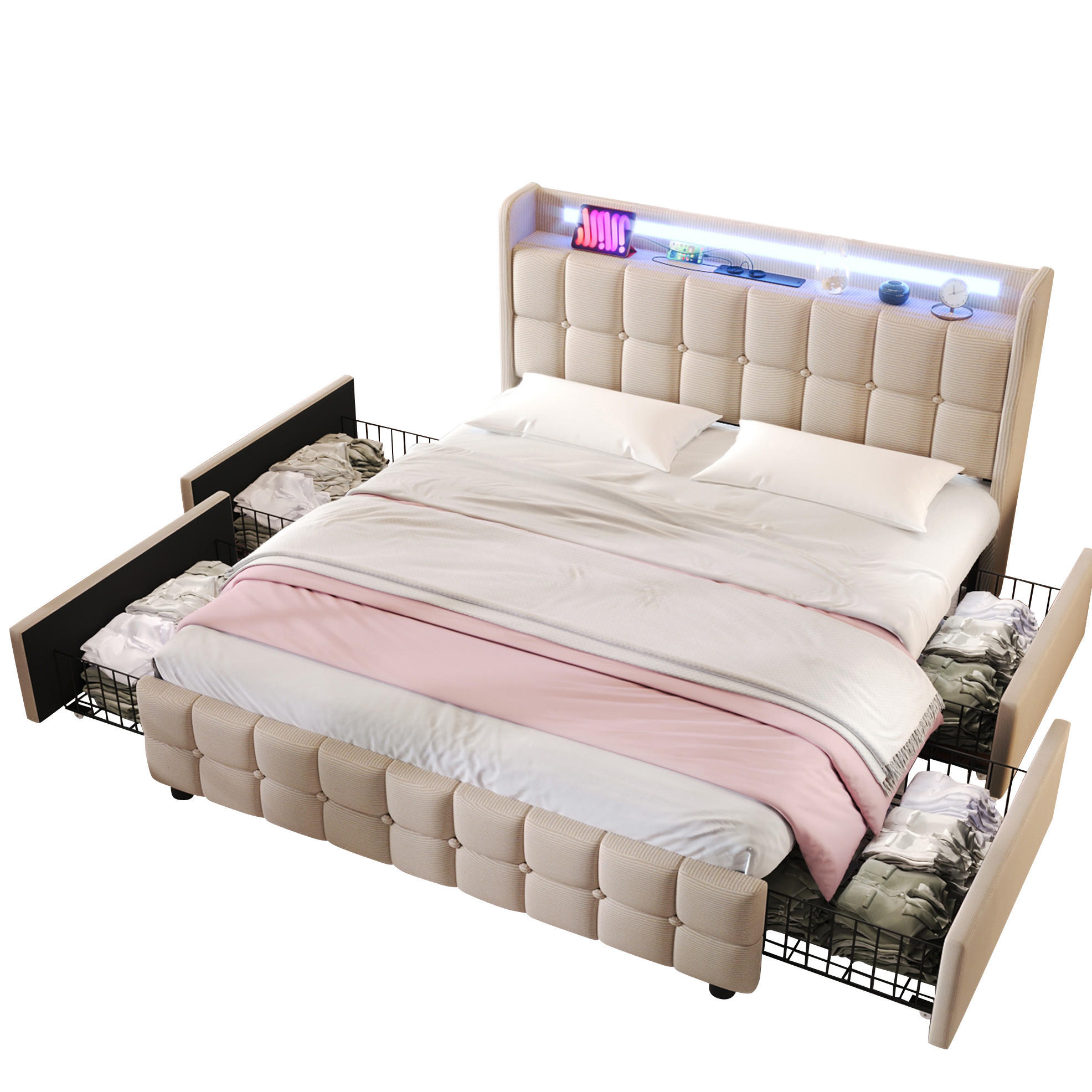 POLNJENA postelja iz lesa in železa 140x200 cm bež z LED osvetlitvijo, USB vtičnicami in 4 predali - bež, leseni material (140/200cm) - Modfu