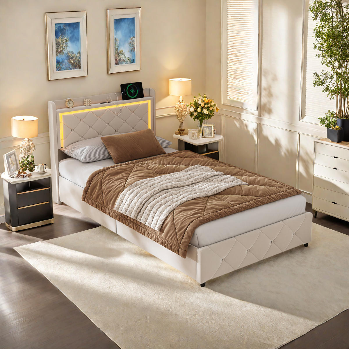 GASDRUCKBETT 90x200 cm, LED-Kopfleuchte, USB, Velours, Beige - Beige, Metall - SHOPENTRA