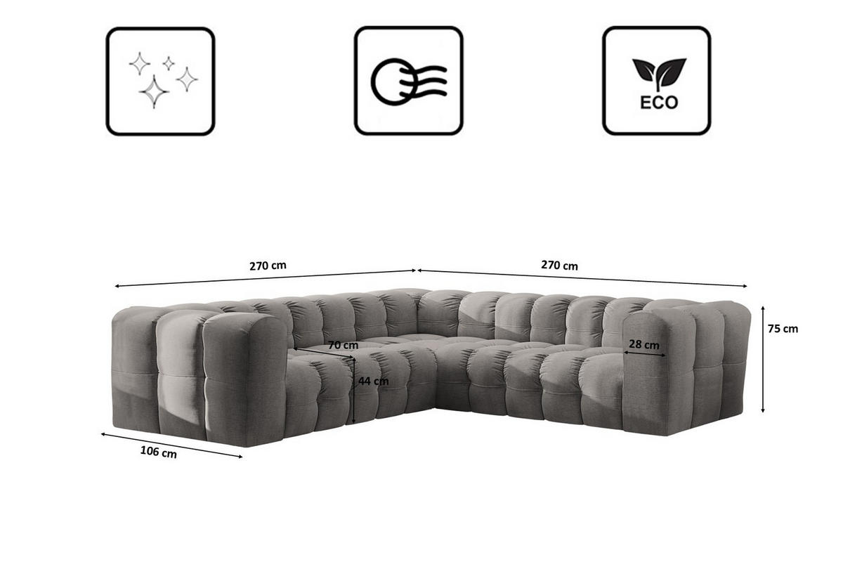 ECKSOFA Corner Mit Steppung BALOO, Chenille-Stoff Moly, Grau - Grau, Holz (270/270cm) - Kaiser Möbel