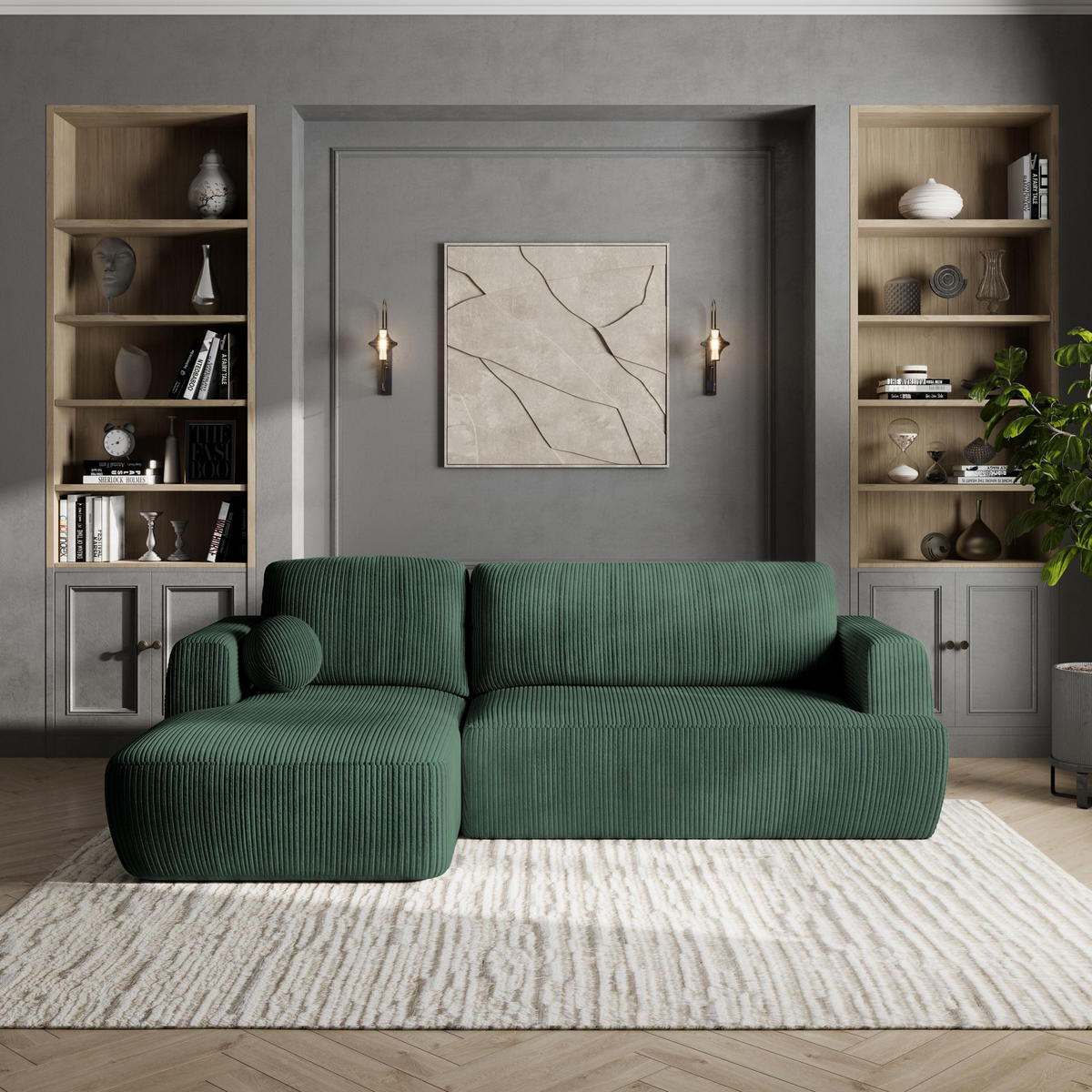 ECKSOFA SENTI P L-S Grün Kordstoff mit Schlaffunktion - Schwarz/Grün, Holz/Kunststoff (246/148cm) - MASSENO