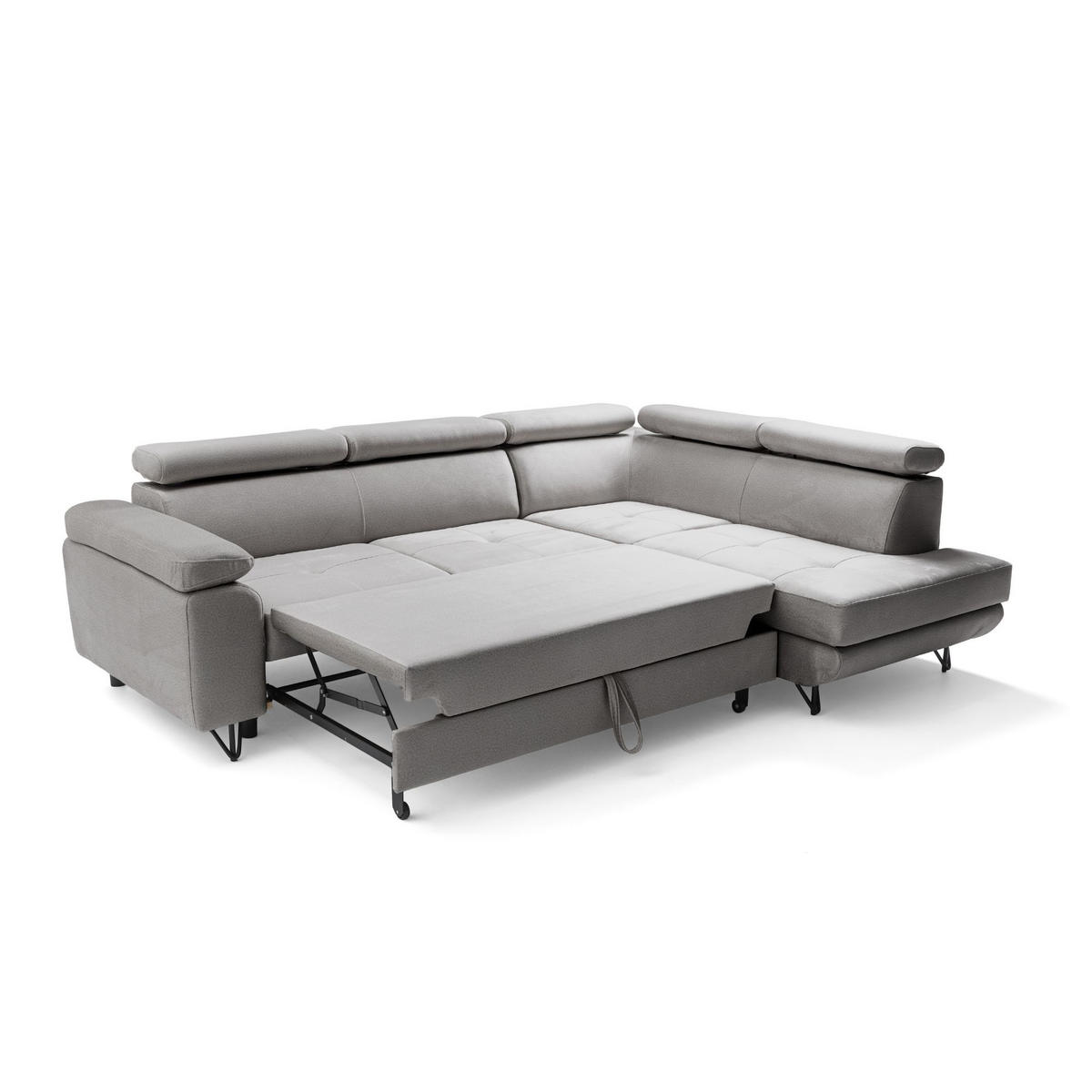 ECKSOFA JUNIOR L Rechts mit Schlaffunktion 194x128 Velours Hellgrau - Hellgrau/Schwarz, Holz/Textil (184/249cm) - Muffo