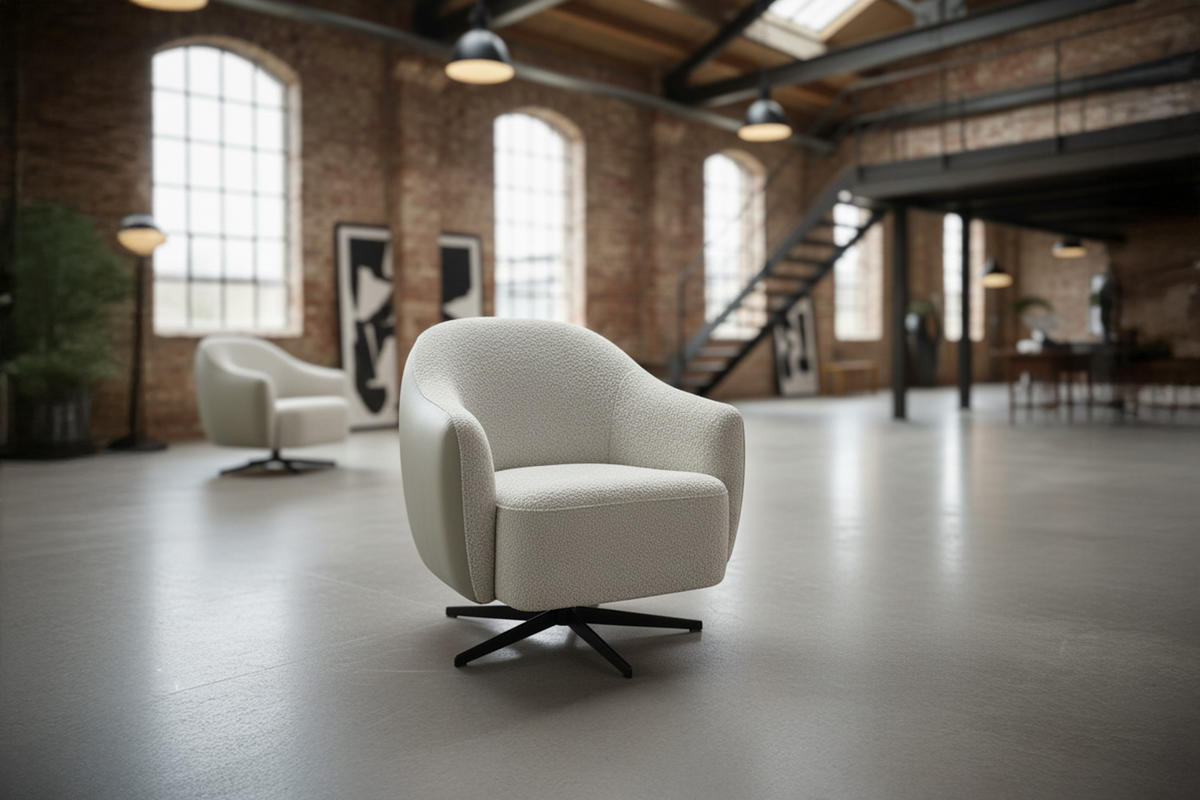 DREHSESSEL BRITTO Cremeweiß Kunstleder, Bouclé Drehbar (360°) - Creme/Schwarz, Textil/Metall (81/85/83cm) - KAWOLA