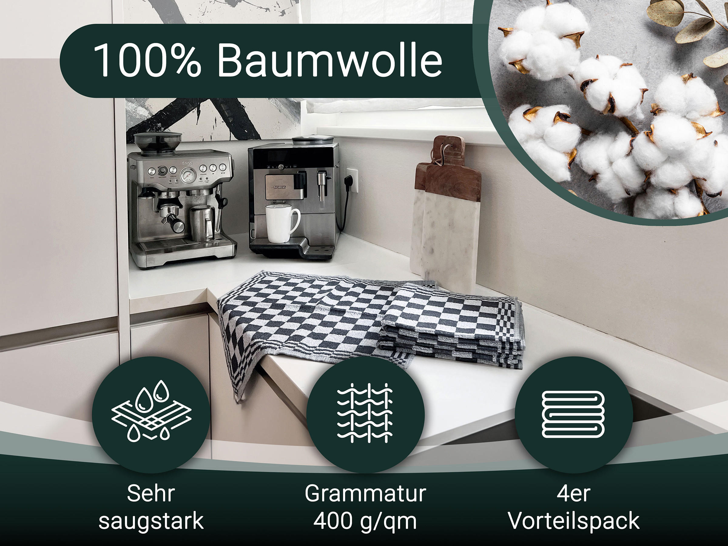 GESCHIRRTÜCHER, 4er-Set, 50x50 cm, 100% Baumwolle, Grau - Anthrazit, Textil (50/50cm) - Zollner