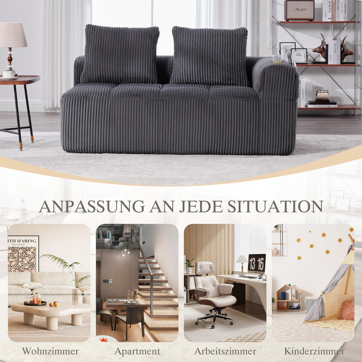 CHAISELONGUE in Cord Übergroßer Relaxsessel mit Seitentaschen - Dunkelgrau, Textil (158/61/93cm) - Urban Meuble