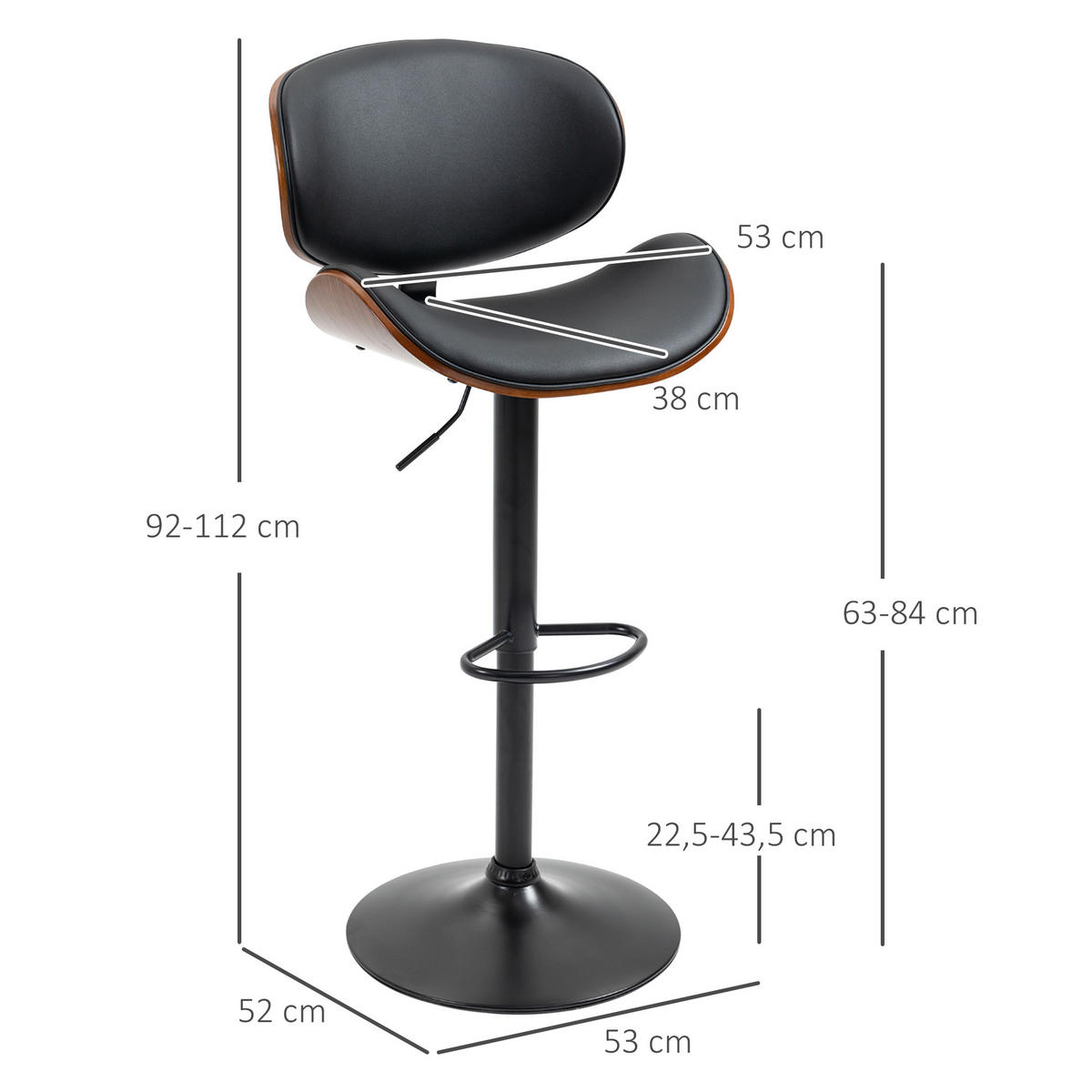 BARHOCKER, Kunstleder, Stahl, Schwarz - Schwarz, Kunststoff (52/112/53cm) - HOMCOM