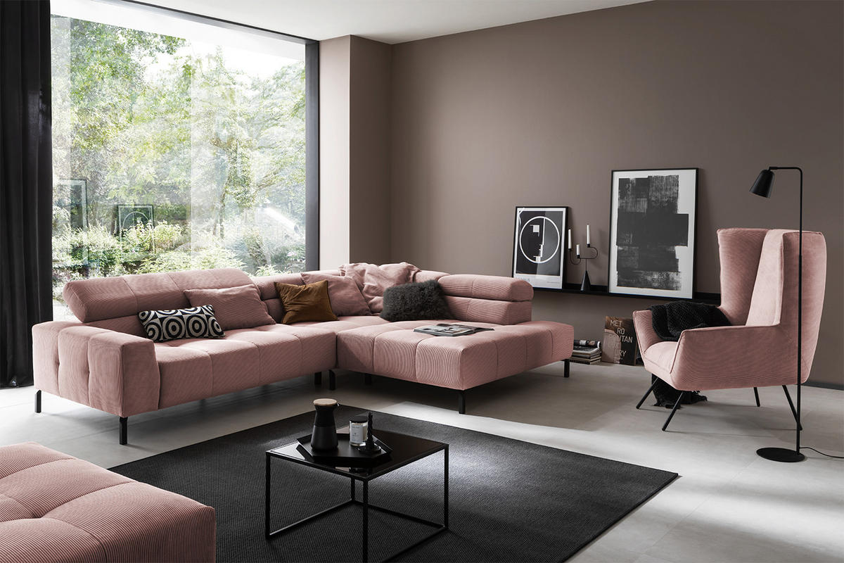 ECKSOFA MIT MOTORISCHEM SITZVORZUG OHIO Pink Cord - Pink/Schwarz, Textil/Metall (311/219cm) - KAWOLA