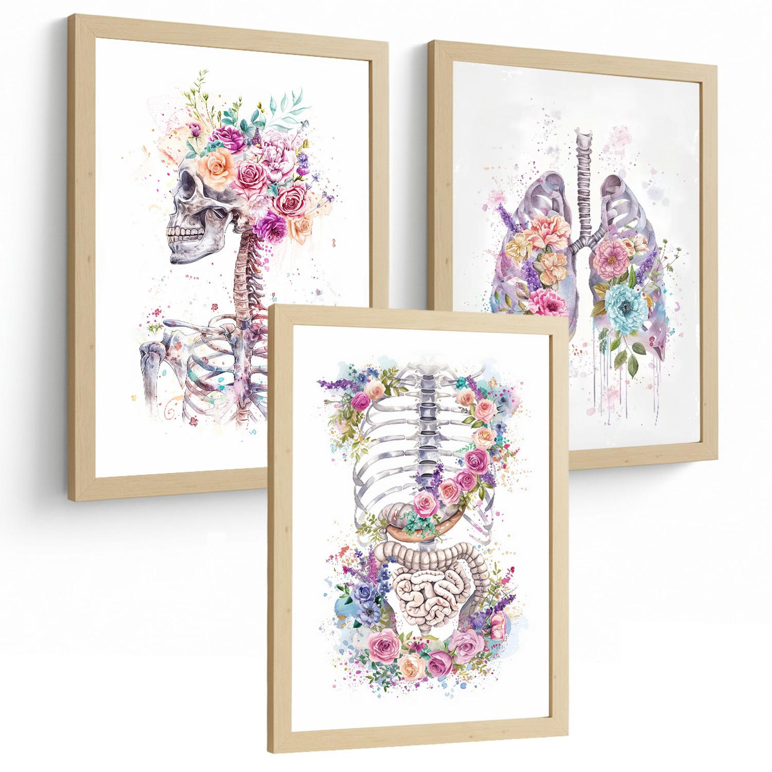POSTER Set aus 3 Anatomie Drucke und Dekorative mit Skelett Schädel Wirbelsäule Rippen Lungen und Verdauungssystem Künstlerischer Größe Rahmenlos A3 - Klar, Papier (29.7/42/3cm) - Nacnic