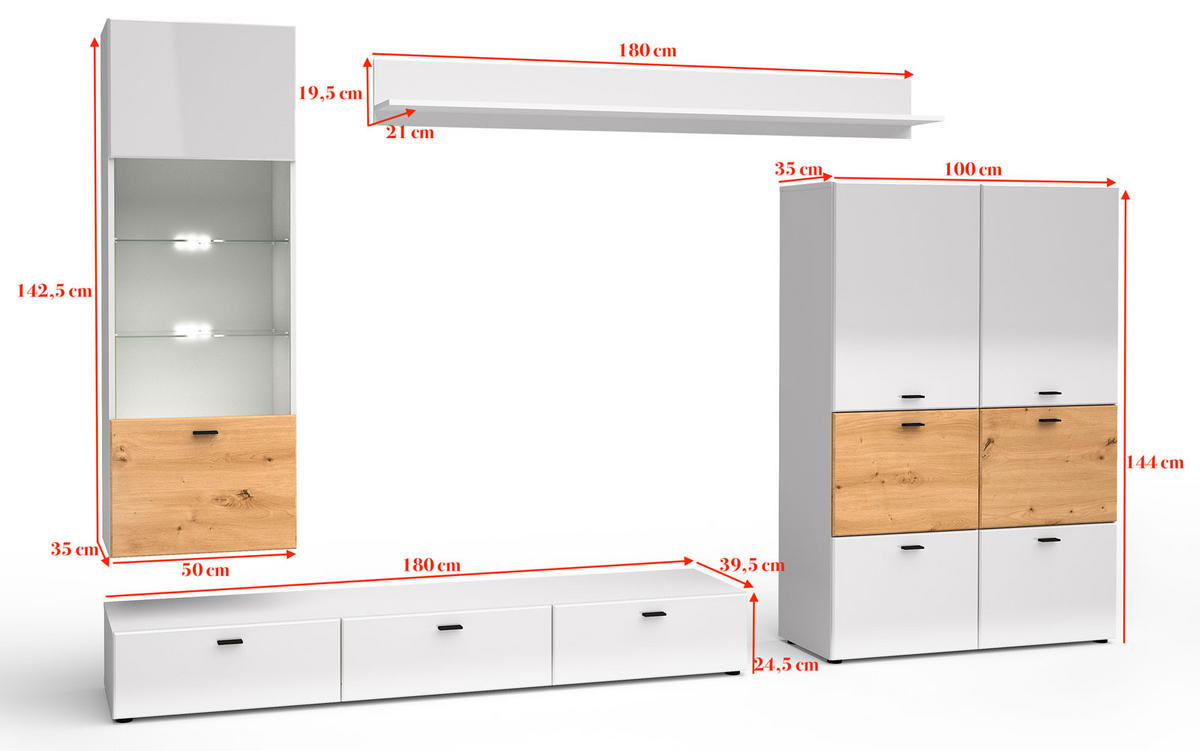 WOHNWAND Oviedo weiß matt / weiß Hochglanz - Artisan Eiche 5-teilig - Weiß Hochglanz/Braun, Holz/Holzwerkstoff (300/144/60cm) - Feldmann-Wohnen
