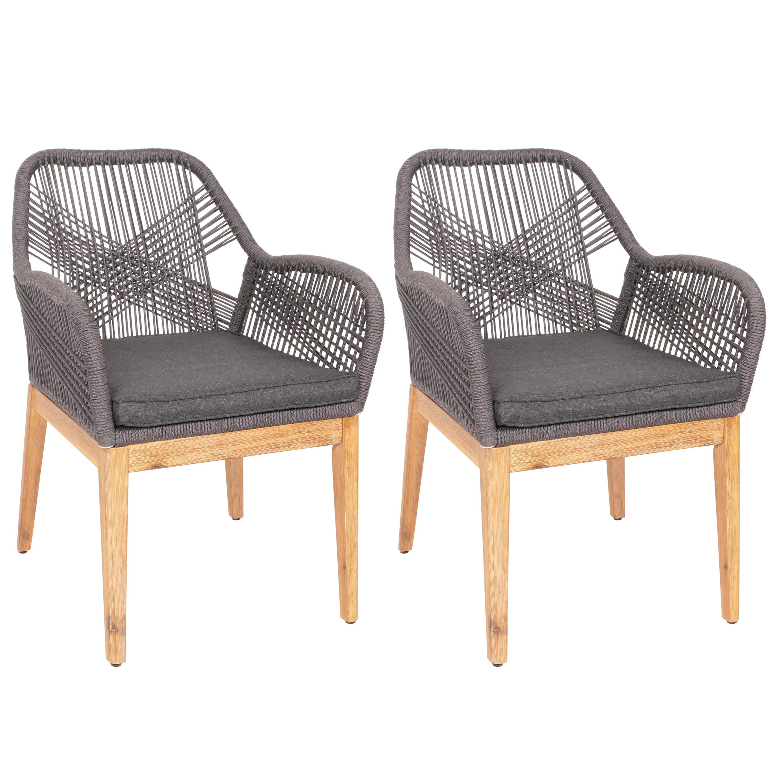 GARTENSTUHL 2er-Set HxBxT 85x58x59cm Sitzhöhe 47cm wetterfest Seilgeflecht Holz Akazie Grau Kissen Anthrazit - Grau, Holz (58/85/59cm) - PROREGAL