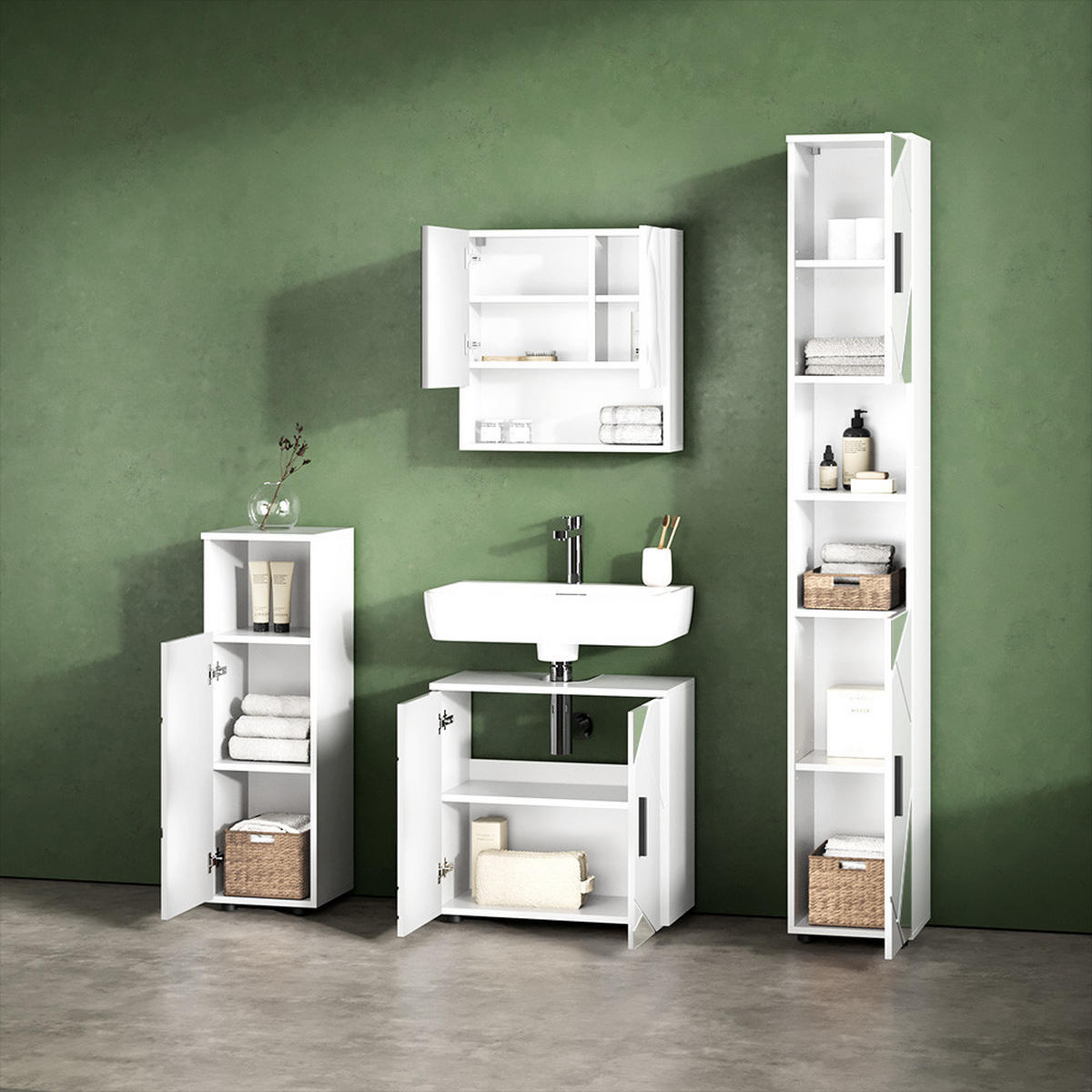 BADMÖBEL-SET Ronco Weiß Hochglanz mit Einsätzen 4 Teile, mit Hochschrank - Weiß Hochglanz, Holzwerkstoff (60/60/59cm) - Livinity®