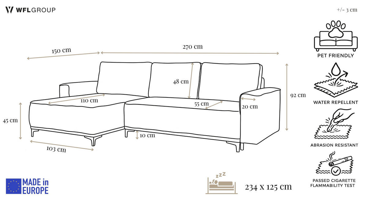 ECKSOFA Velora mit Schlaffunktion & Stauraum, Universell Rechts/Links, Grau Samt 270/92/150 cm - Schwarz/Grau, Textil/Metall (270/150cm) - WFL GROUP