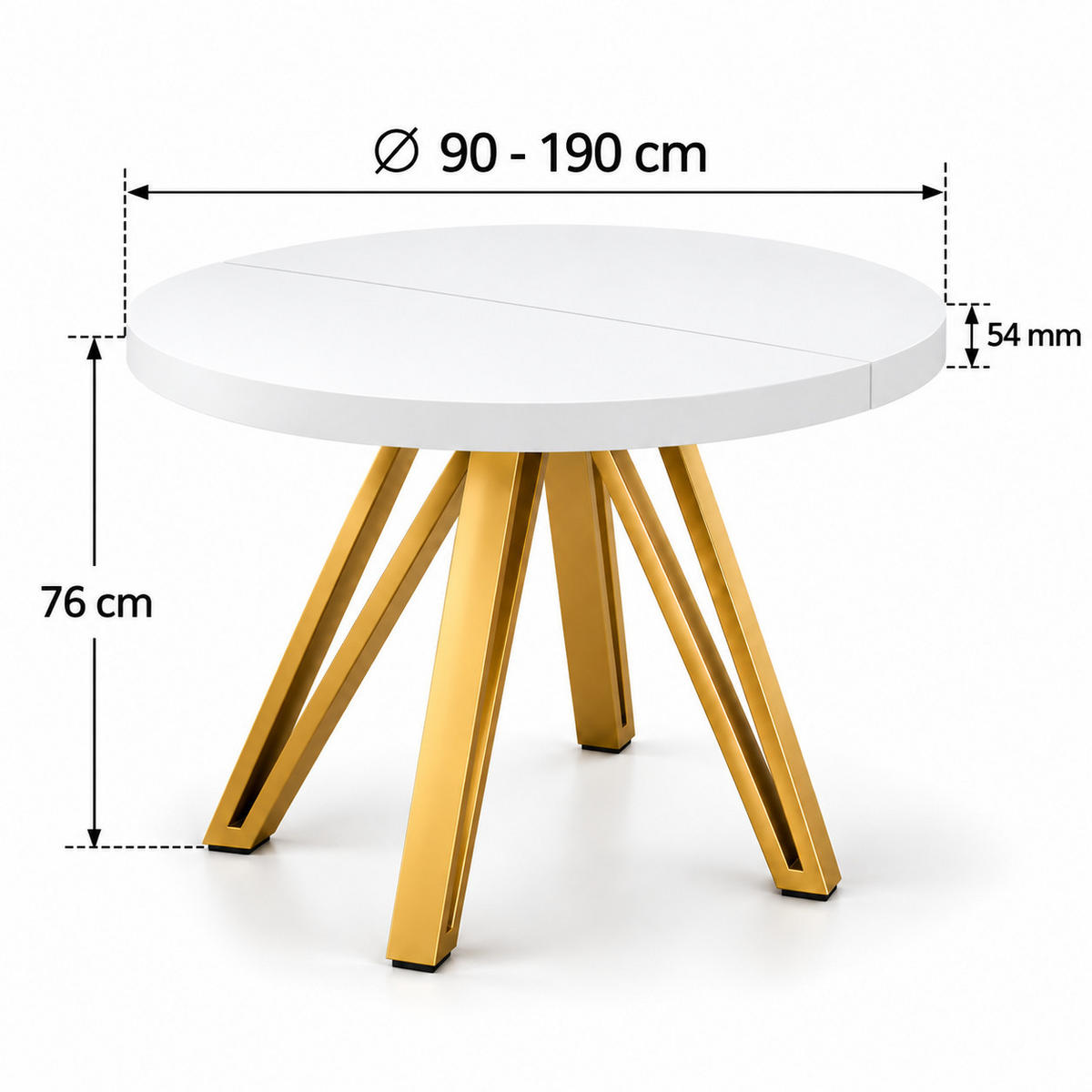 ESSTISCH rund ausziehbar 90/190/76 cm, Weiß, 54 cm Tischplatte + Industrial Metallgestell Gold - Goldfarben/Weiß, Holzwerkstoff/Metall (90/190/76cm) - Damale Möbel