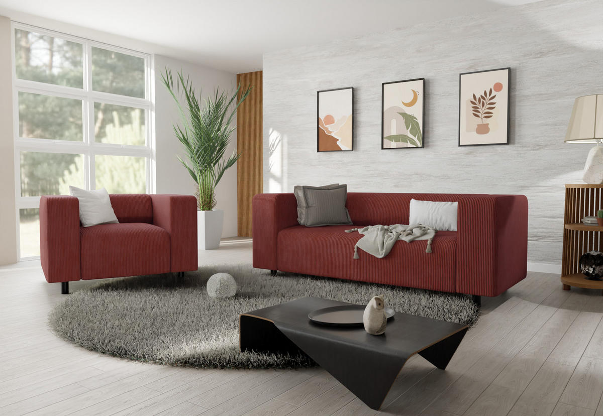 SITZGARNITUR 2+1 Tove Terrakotta Cord - Terra cotta/Schwarz, Holz/Kunststoff (151/65/80cm) - S-Style Möbel