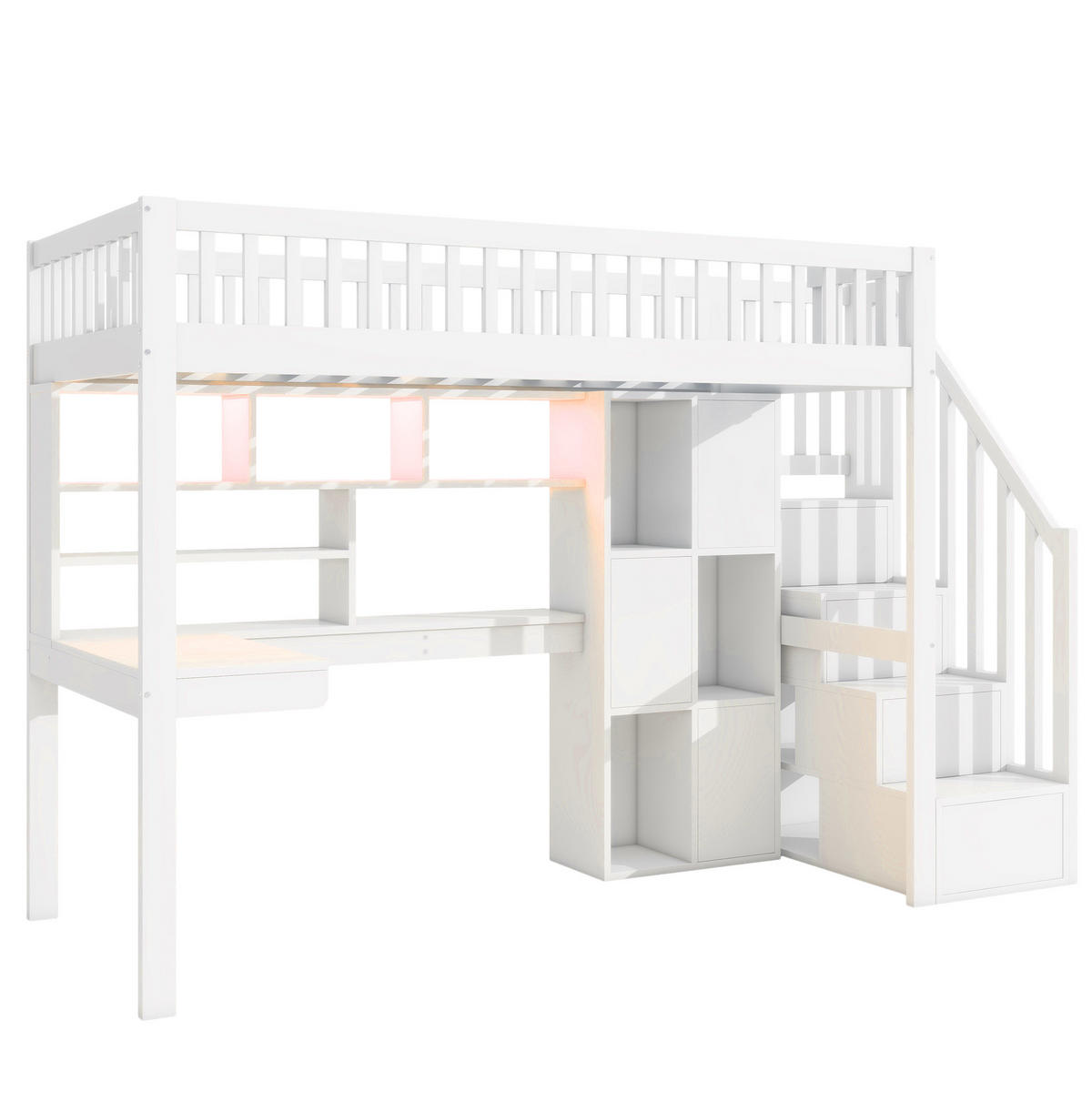 HOCHBETT 90/200 cm, Weiß mit Schreibtisch, LED, Ablageleiter, ohne Matratze - Weiß, Holz (90/200cm) - MIVRAY