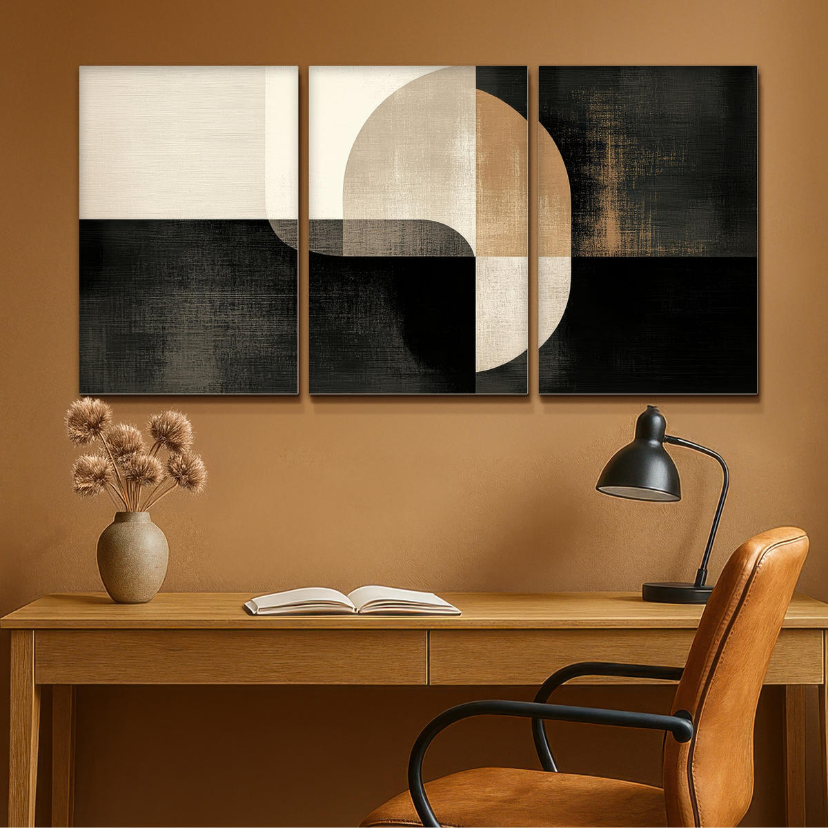 LEINWANDBILD 3er Set Formen - Abstrakt - Gold 120x60 cm - Schwarz, Textil (120/60cm) - MuchoWow