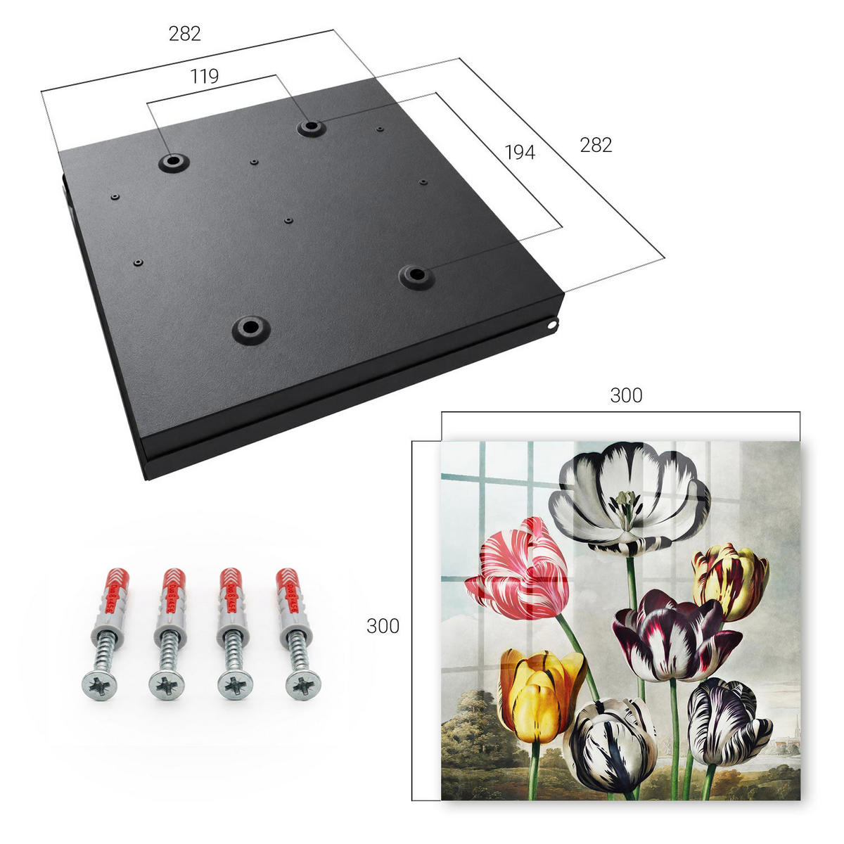 SCHLÜSSELBOX Schwarz 30x30 cm- Türöffnung nach rechts - Retro-Tulpen - Rot, Metall (30/30/5cm) - TULUP