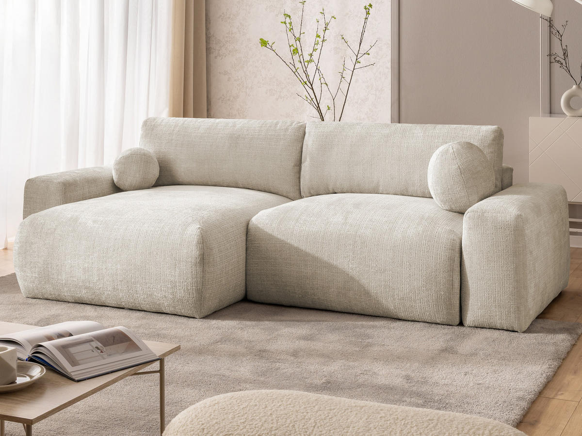 ECKSOFA Puffy mit Schlaffunktion und Bettkasten - besonders weich und puffig aus Beige Chenille-Stoff - Ottomane links - Beige/Creme, Holz/Kunststoff (138/266cm) - S-Style Möbel