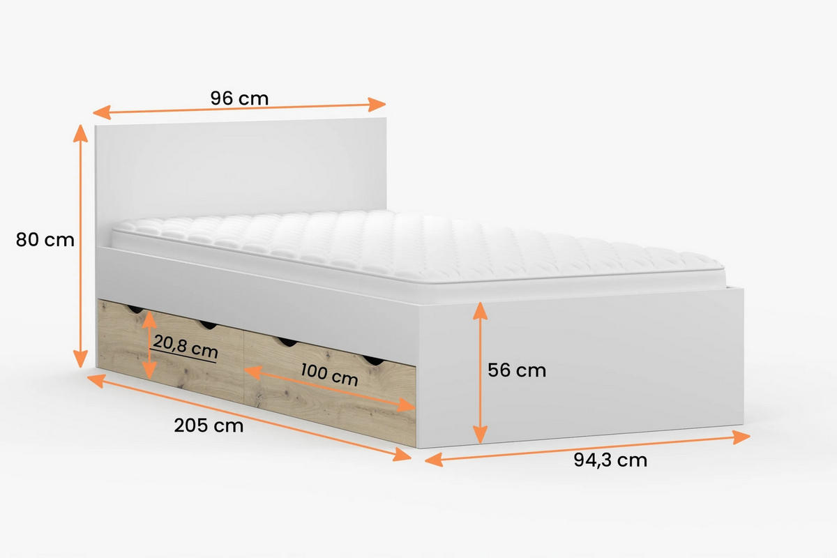 JUGENDBETT JUMI 90/200 in Weiß/Eiche Artisan - Weiß/Eiche Artisan, Holzwerkstoff (90/200cm) - Deine Möbel 24