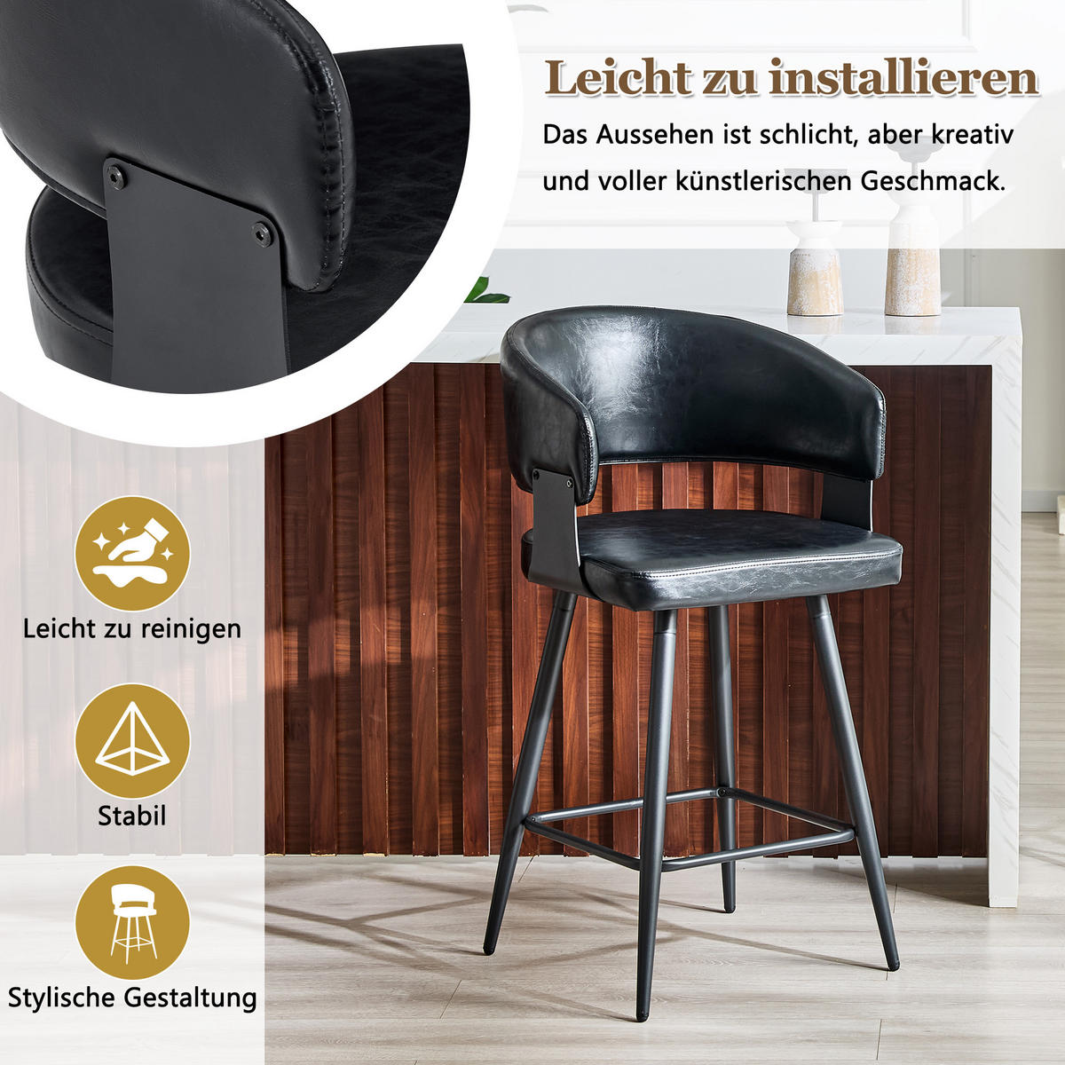 BARHOCKER DE-36675 2er-Set mit Kunstlederbezug und Metallgestell Schwarz - Schwarz, Metall (47/94.5/46cm) - ComfortXL