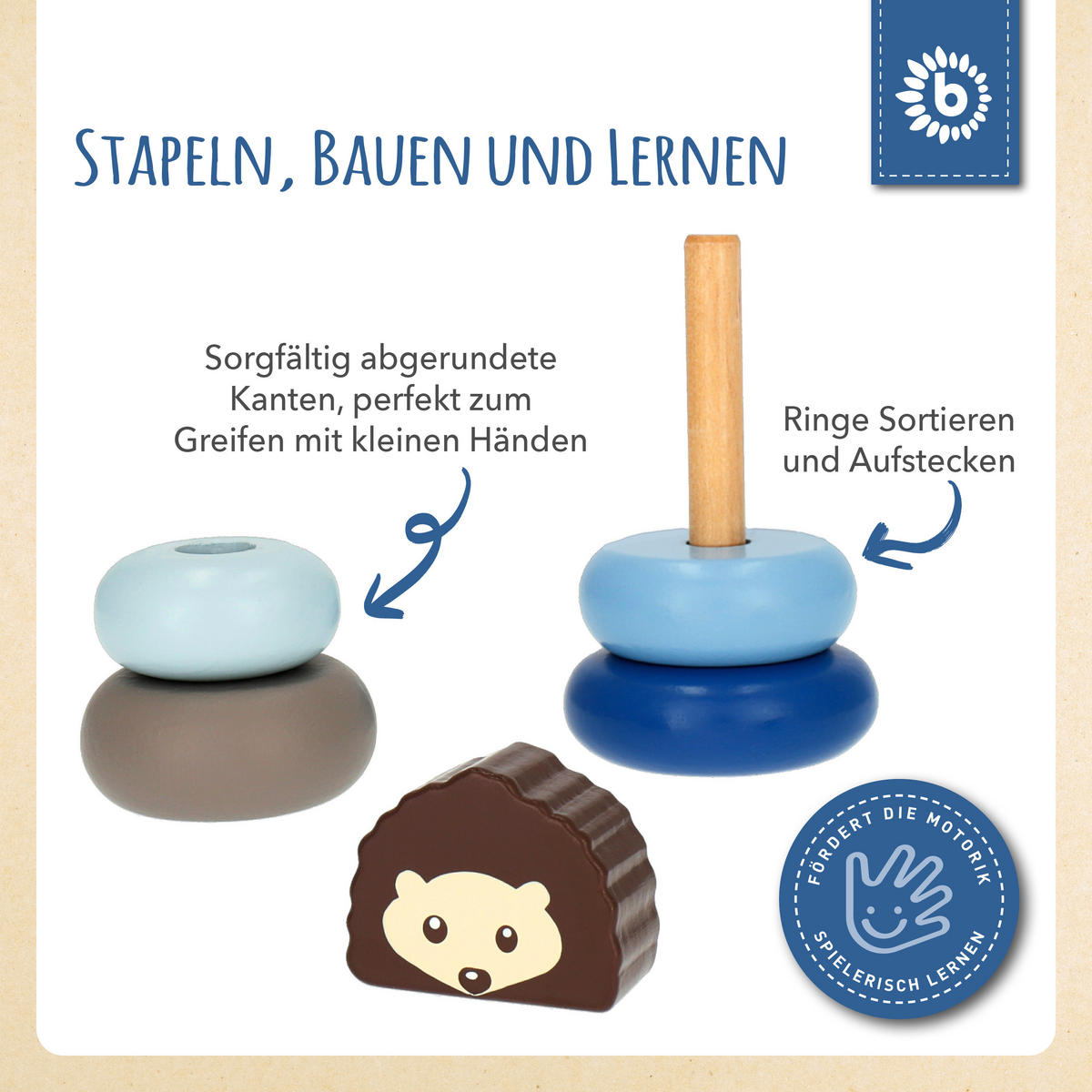 STAPELTURM Holz Igel - ab 12 Monate - Blau, Holz (6.2/6.2cm) - Bieco Spielwaren