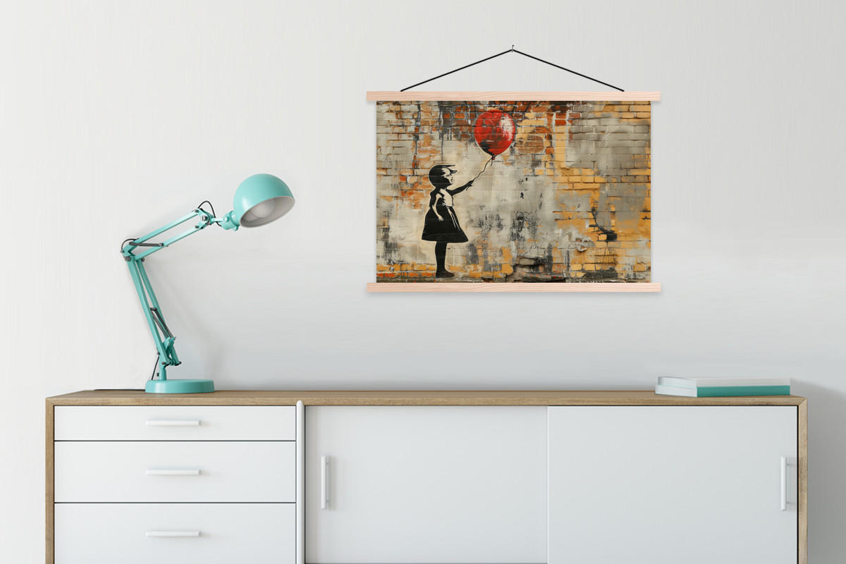 POSTER Graffiti - Banksy - Mädchen - Straßenkunst 90x60 cm - Sandfarben, Textil (90/60/0.15cm) - MuchoWow