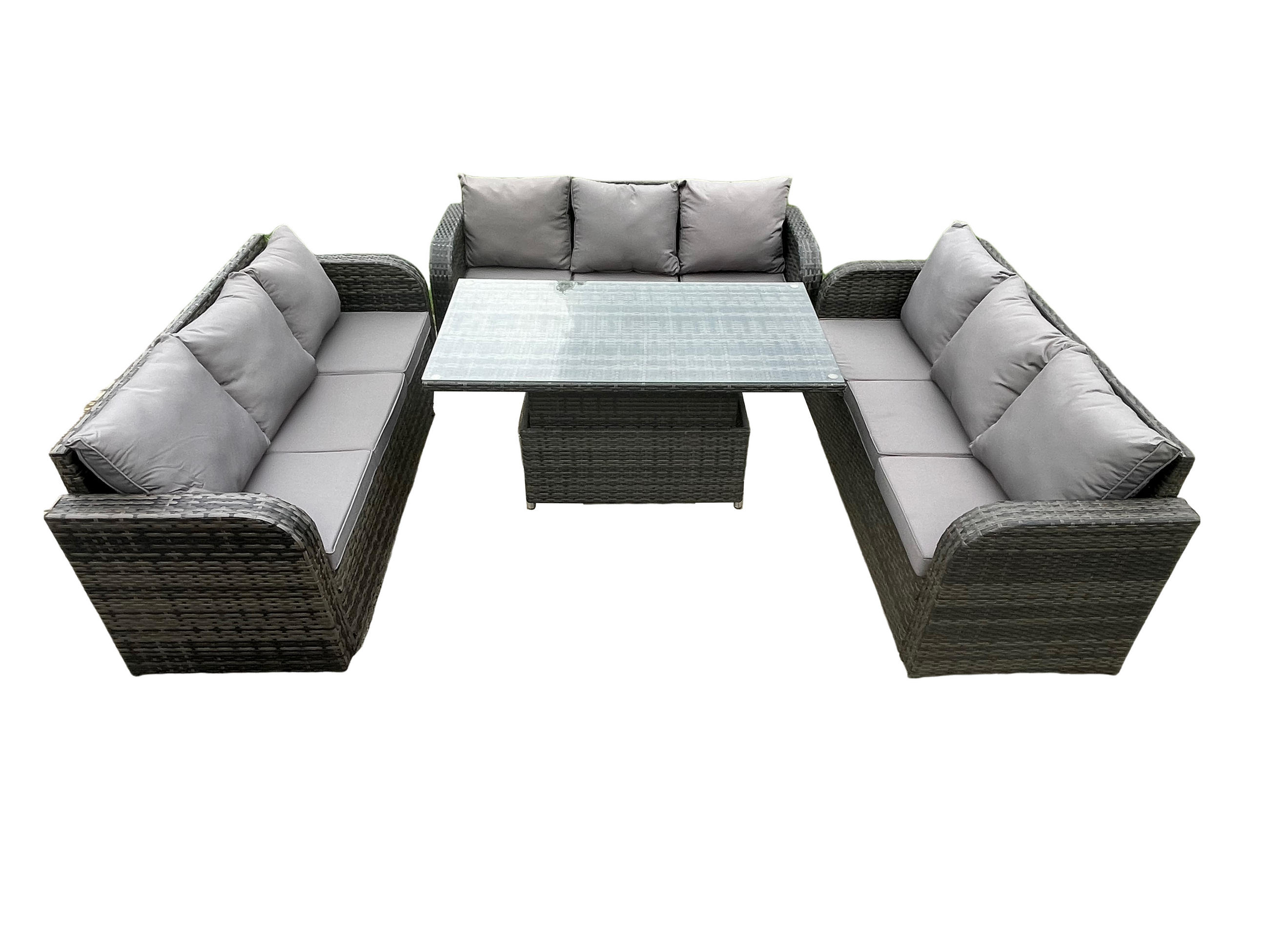 GARTENSOFA SET Polyrattan 9-Sitzer - Dunkelgrau/Grau, Glas/Kunststoff - Fimous