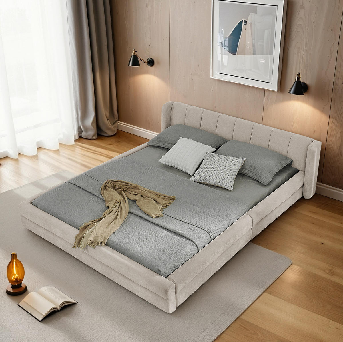 BETTGESTELL minimalistisch 160x200 cm Chenille Beige - Beige, Holz (160/200cm) - Meubliv