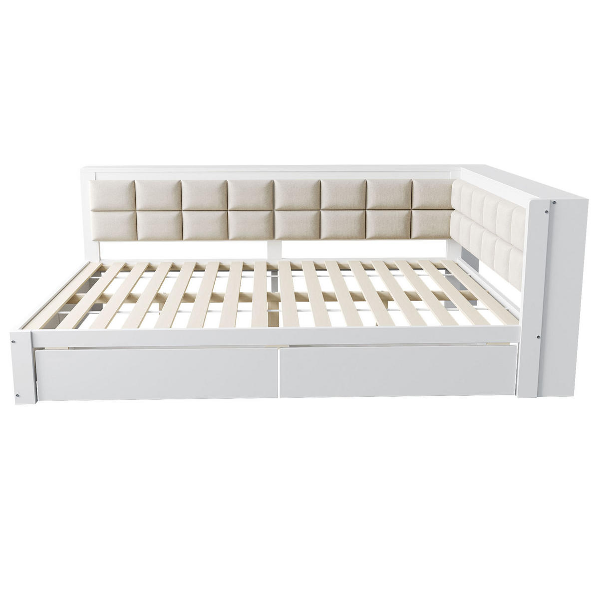 BETT 140/200 cm aus Kiefernholz mit weicher Rückenlehne und Stauraumschubladen in Weiß - Weiß, Holz (140/200cm) - OKWISH