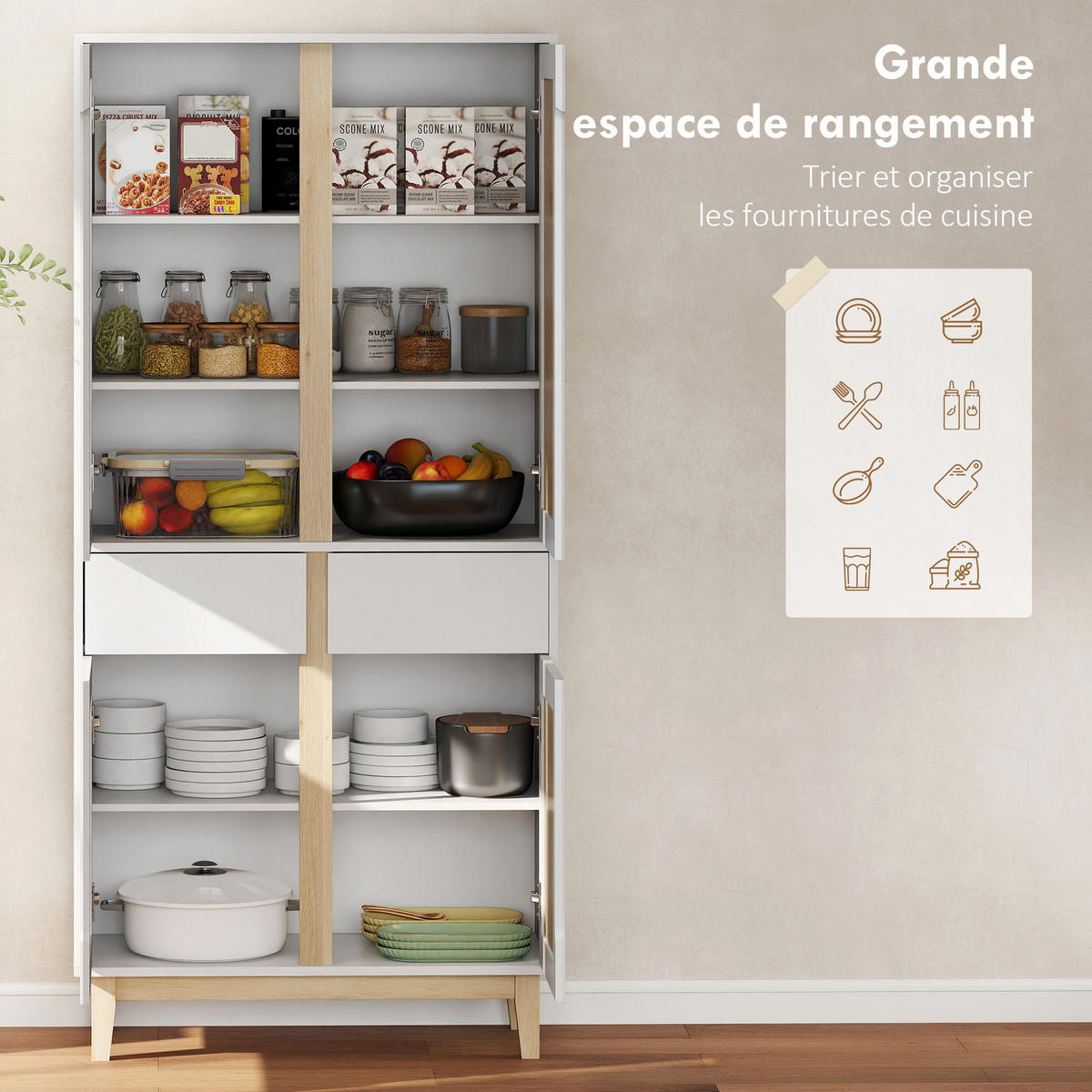 BUFFET DE-11225 4 Türen Weiß/Eiche - Weiß, Holzwerkstoff (35/170/80cm) - ComfortXL