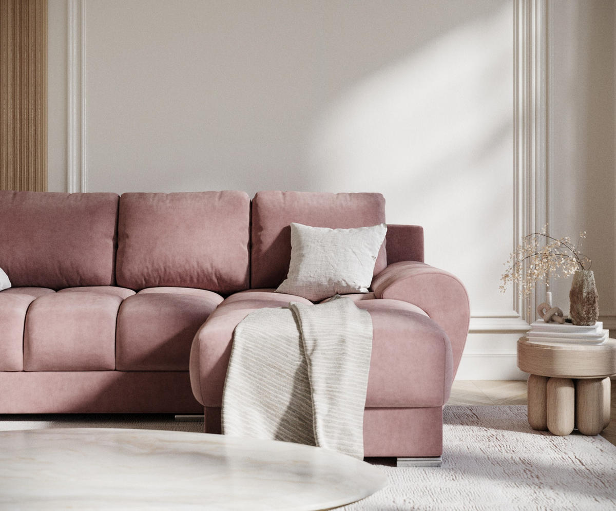 ECKSOFA MIT SCHLAFFUNKTION Peebles Rosa Samtstoff - Chromfarben/Pink, Holz/Holzwerkstoff (256/175cm) - Maison de Reve