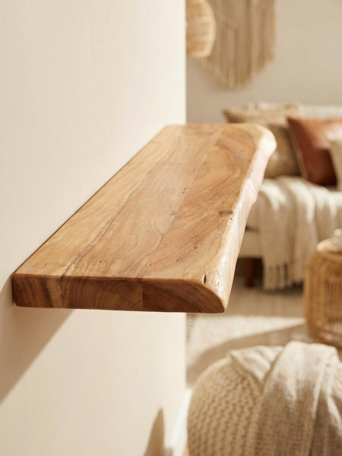 WANDREGAL Akazienholz Baumkante Rustikal, Beige 115x25x4 cm - Beige, Holz (115/4/25cm) - KADIMA DESIGN