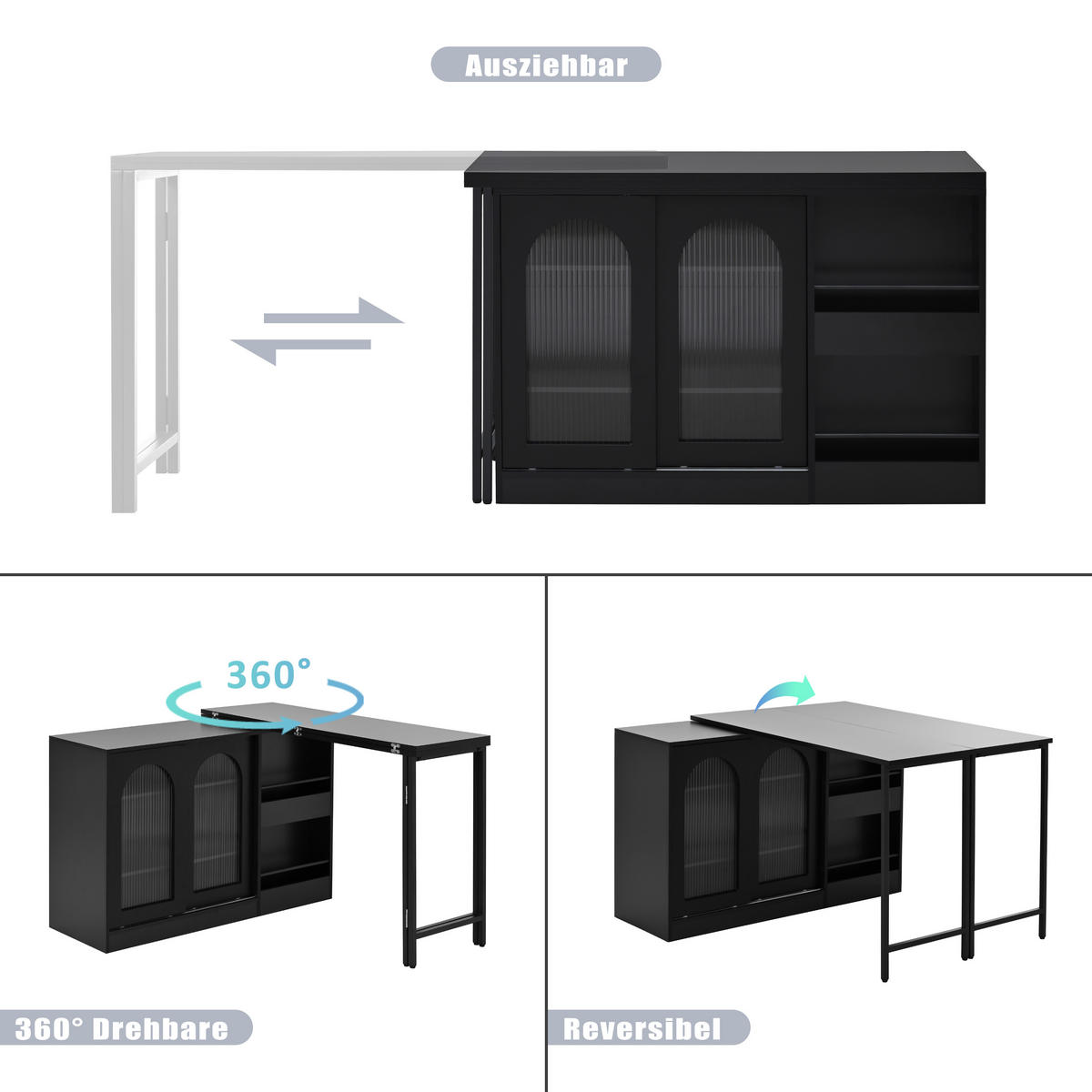 ESSTISCH drehbar & ausziehbar – 360° Bartisch mit Stauraum, Sideboard mit Glastür, reversibel, moderner Küchentisch, Schwarz - Schwarz, Holzwerkstoff (121.5/40/76.7cm) - Ej. Life