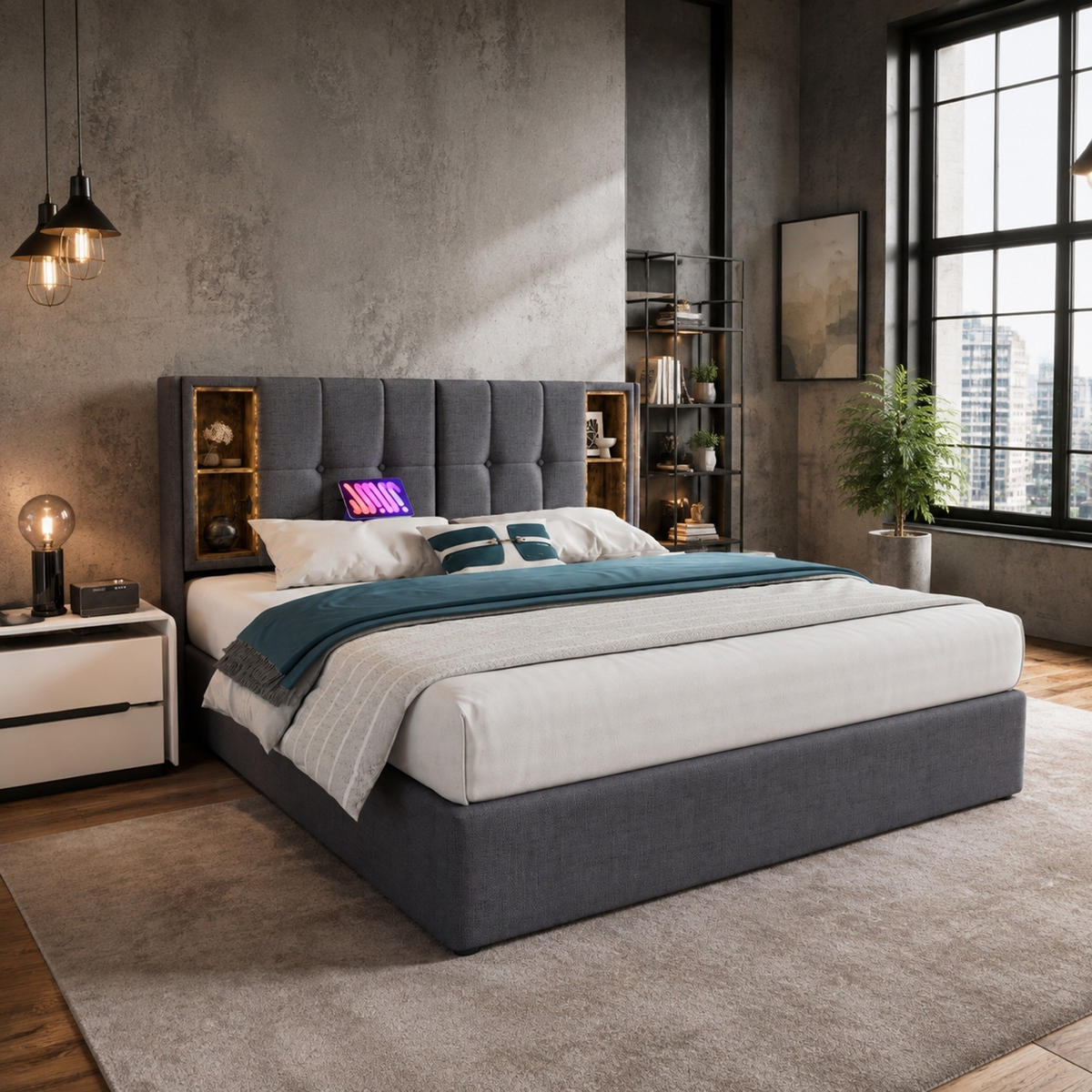 POLSTERBETT 140/200 mit Bettkasten, kabellosem Laden, USB, Type-C und Lattenrost in Grau - Grau, Holzwerkstoff/Textil (140/200cm) - EVRYAE