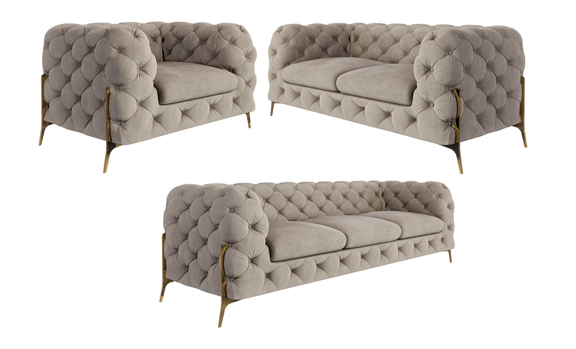 SITZGARNITUR 3+2+1 Chesterfield Lexi Dunkle Creme Samt - Goldfarben/Creme, Holz/Textil (243/75/100cm) - S-Style Möbel