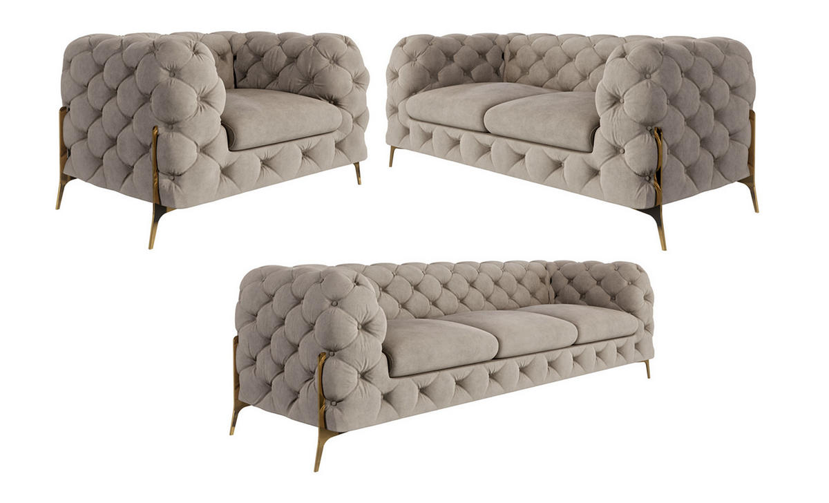 SITZGARNITUR 3+2+1 Chesterfield Lexi Dunkle Creme Samt - Goldfarben/Creme, Holz/Textil (243/75/100cm) - S-Style Möbel