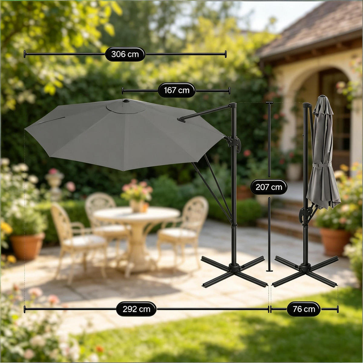 SONNENSCHIRM Rund Metall 306x167x207cm Dunkelgrau Mit Kreuzfuß - Dunkelgrau, Textil (167/306cm) - Raelunyi