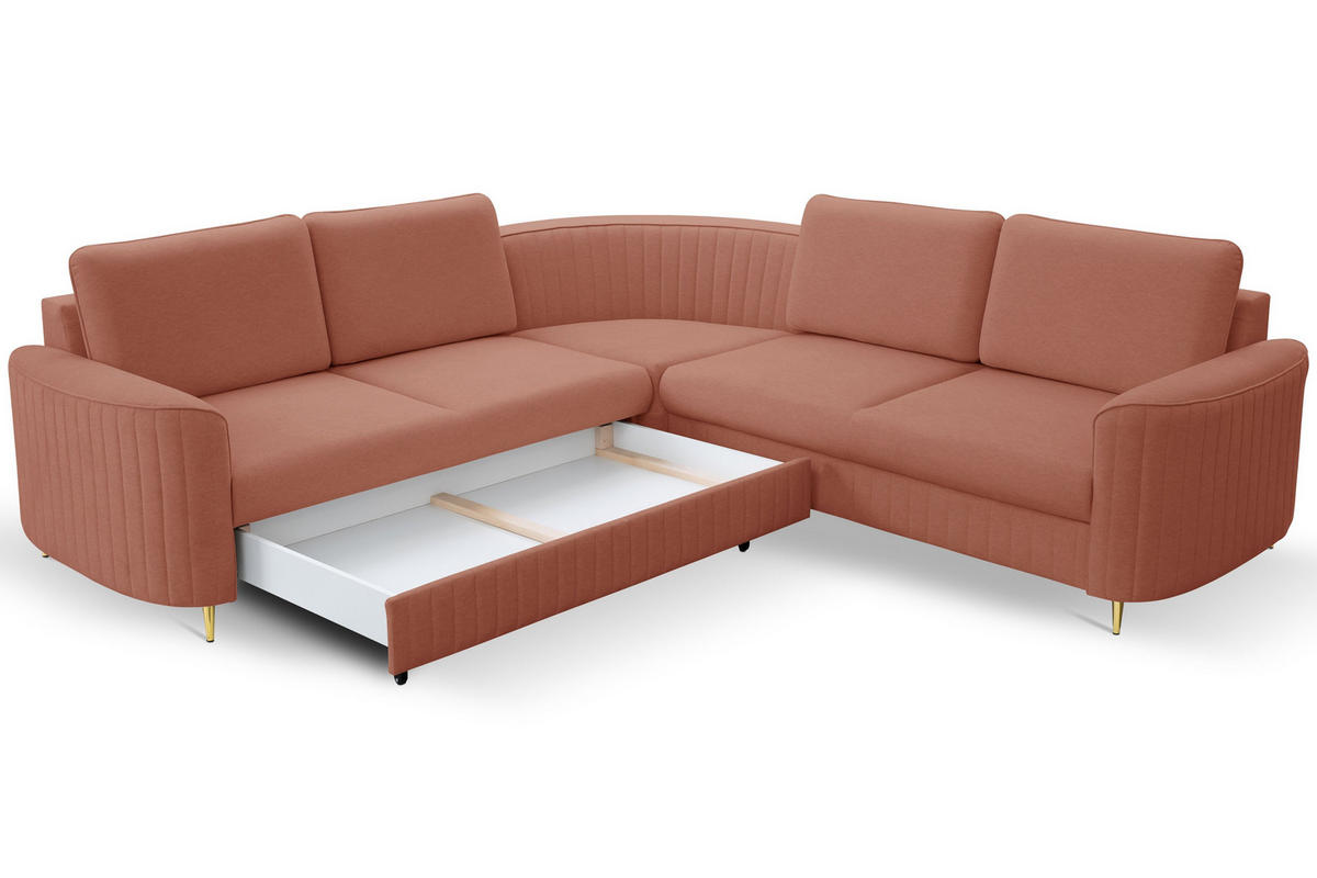 ECKSOFA VELA R-S Rosa Velours-Stoff mit Schlaffunktion - Rosa, Holz (251/251cm) - MASSENO