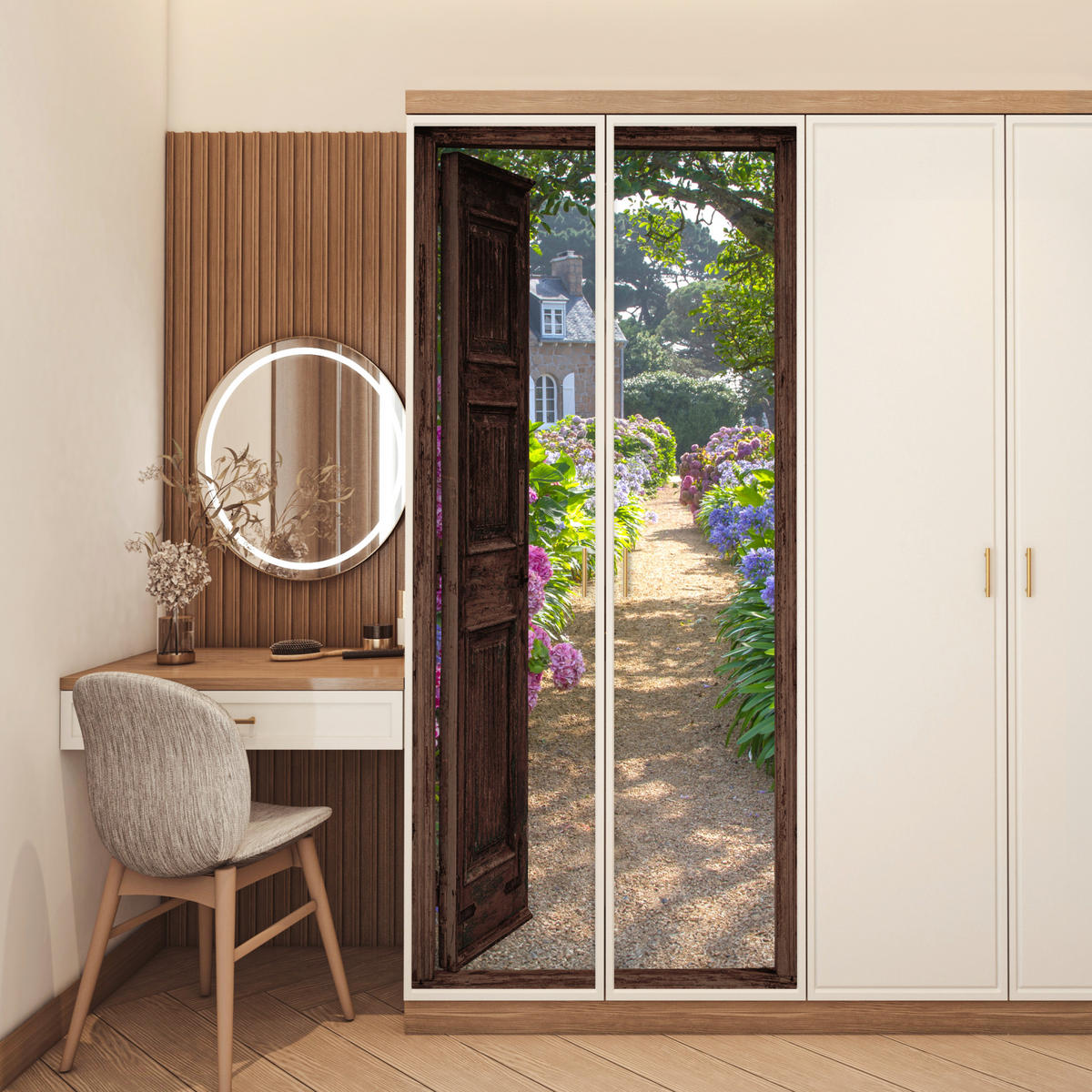 TÜRAUFKLEBER Selbstklebend - Fensterblick - Hortensie - Tür - Blumen - Natur 90x205 cm - Türtapete - Beige, Kunststoff (90/0.1cm) - MuchoWow