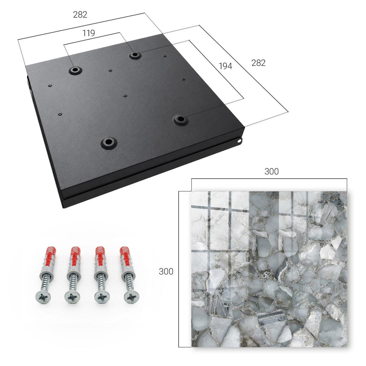 SCHLÜSSELBOX Schwarz 30x30 cm- Türöffnung nach rechts - Steinmosaik - Grau, Metall (30/30/5cm) - TULUP