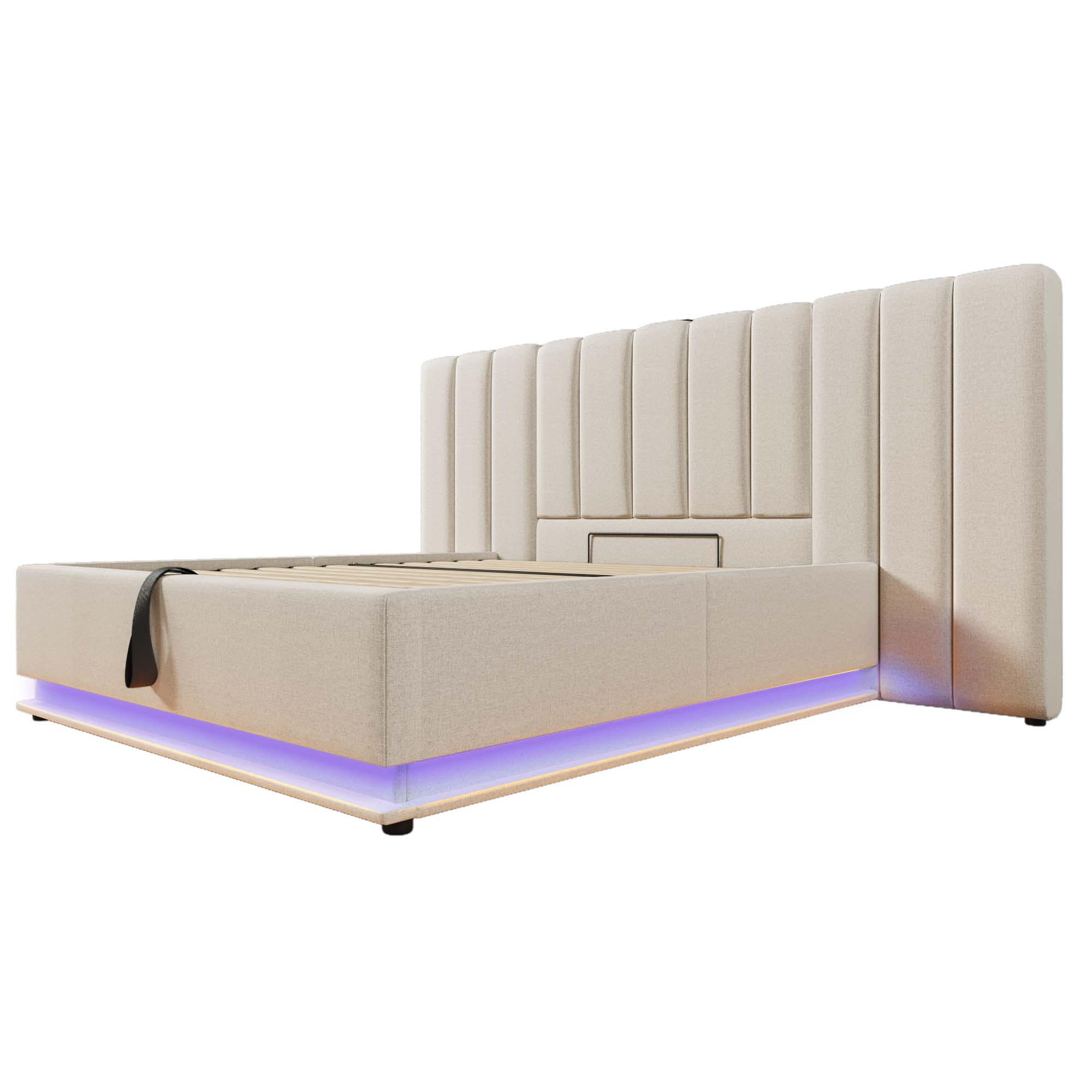 POLSTERBETT 180×200 cm aus Leinen-Stoff mit LED-Beleuchtung und USB-C-Ladefunktion, beige - Beige, Textil (180/200cm) - Luhomfu