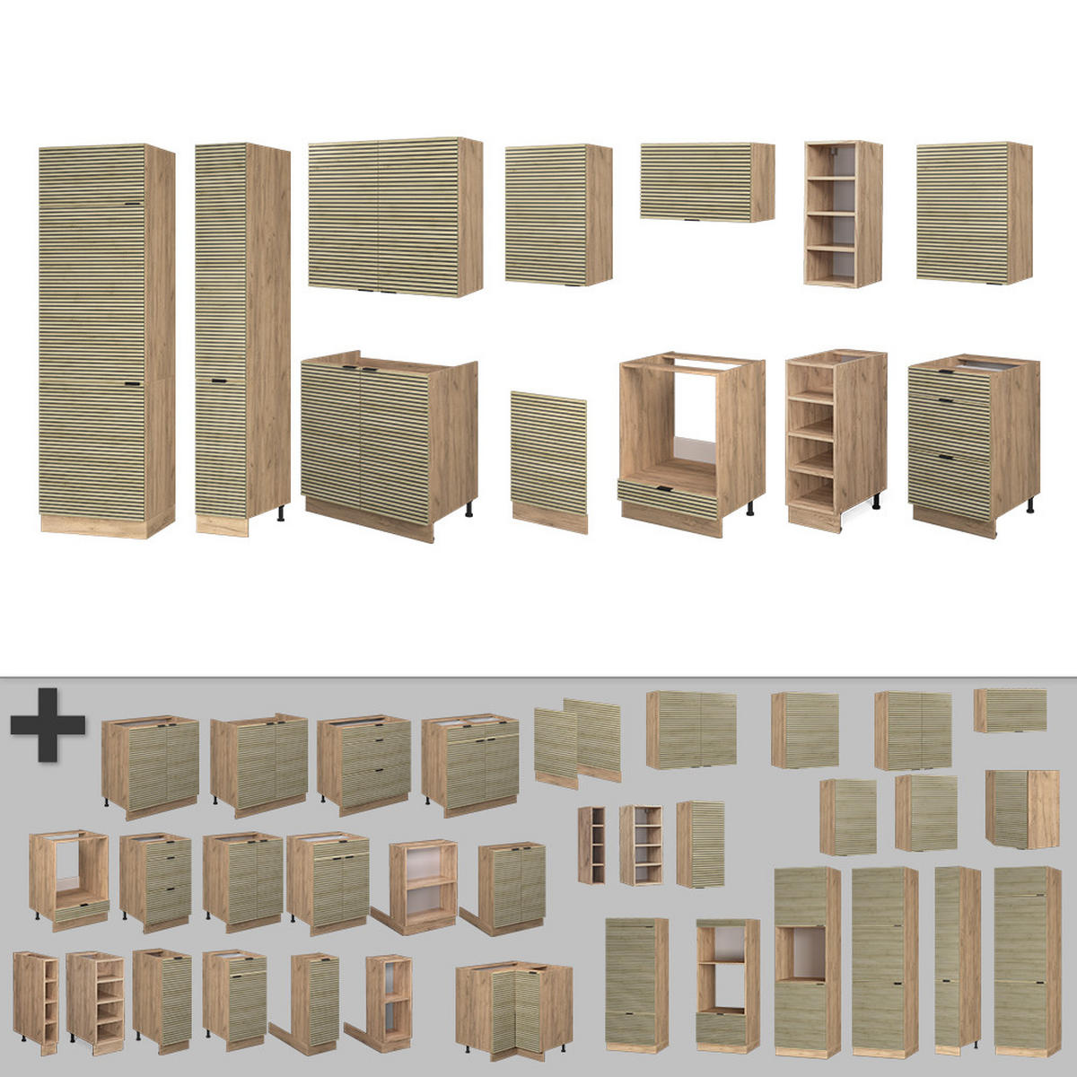 KÜCHENZEILE Fame-Line Eiche Paneel/Goldkraft Eiche 355 cm ohne Arbeitsplatte - Hellbraun/Eiche Wotan, Holzwerkstoff (355/81.6/46cm) - Vicco