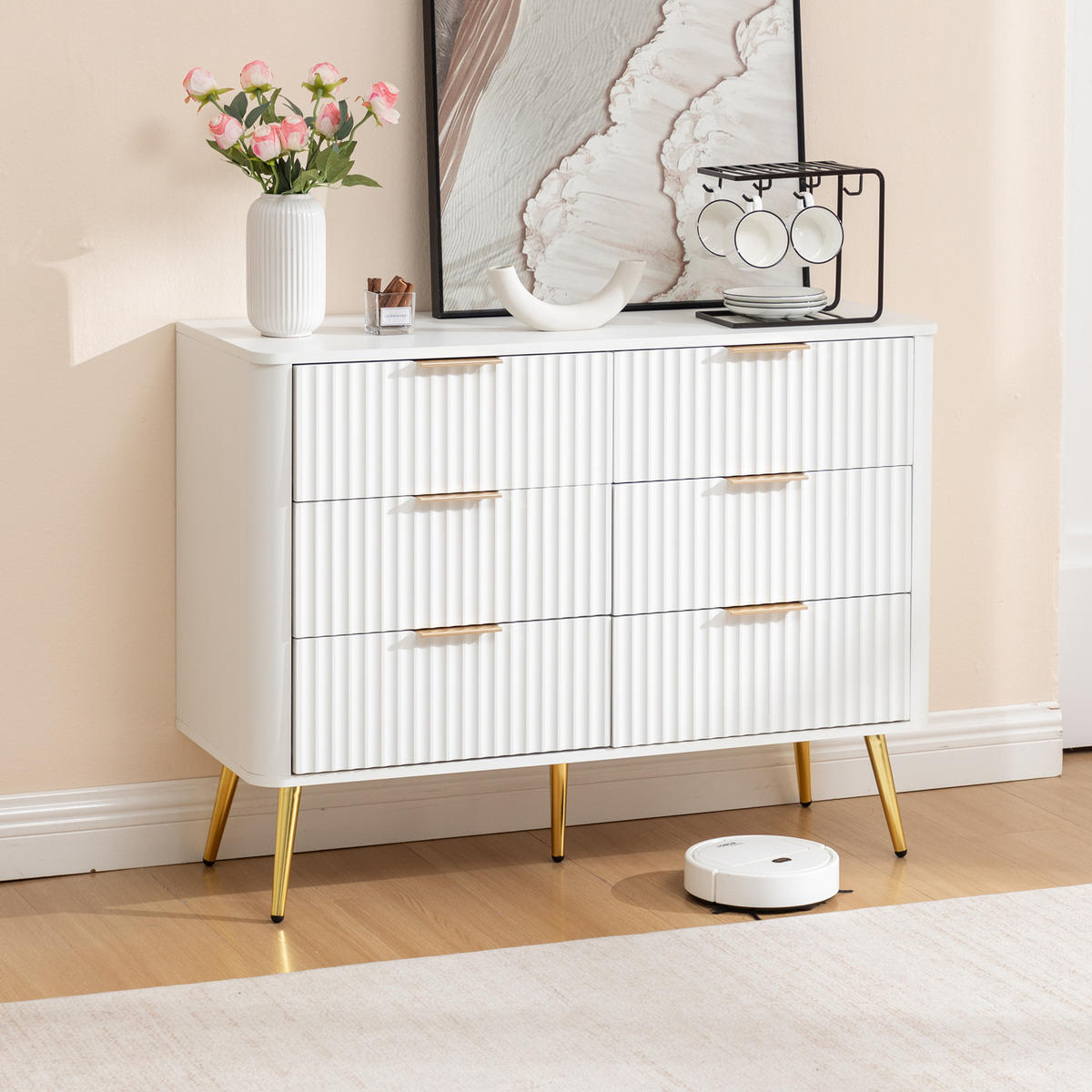 KOMMODE DE-38181 6 Schubladen mit Soft-Close und Metallgriffen Weiß - Weiß, Holzwerkstoff (105/80/40cm) - ComfortXL