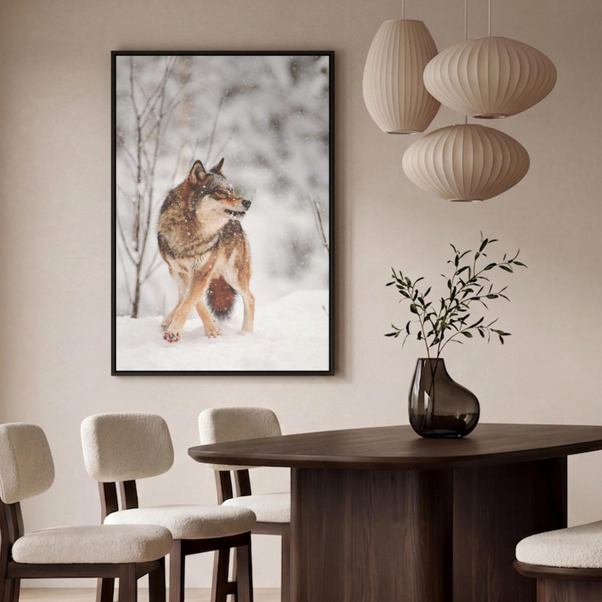 LEINWAND Bilder mit Rahmen - Wolf - Winter - Schnee - Natur - Tiere - 100x150 - Haselnussfarben, Textil (100/150cm) - MuchoWow