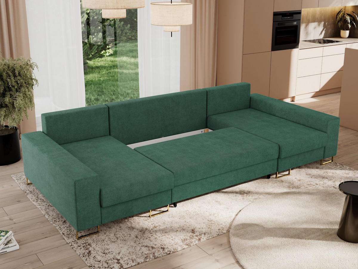 WOHNLANDSCHAFT DORIAN U Struktur Grün - Goldfarben/Grün, Textil/Metall (312/95/138cm) - MKS