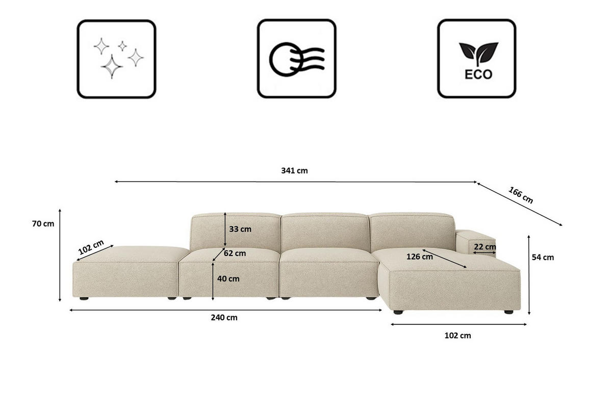 ECKSOFA Cursal L-Form, Stoff Artico, Nata + Hocker, Rechts - Beige, Holz (341/166cm) - Kaiser Möbel