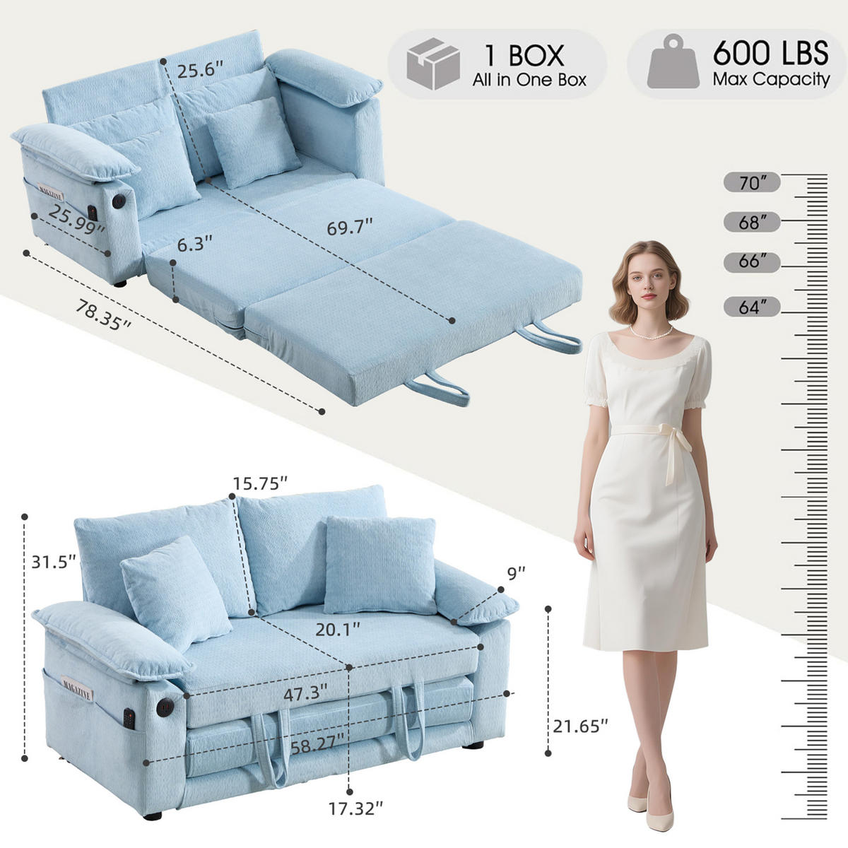 SCHLAFSOFA DE-34980 3-in-1 mit Ausziehbett Blau - Blau, Metall (66/80/135cm) - ComfortXL
