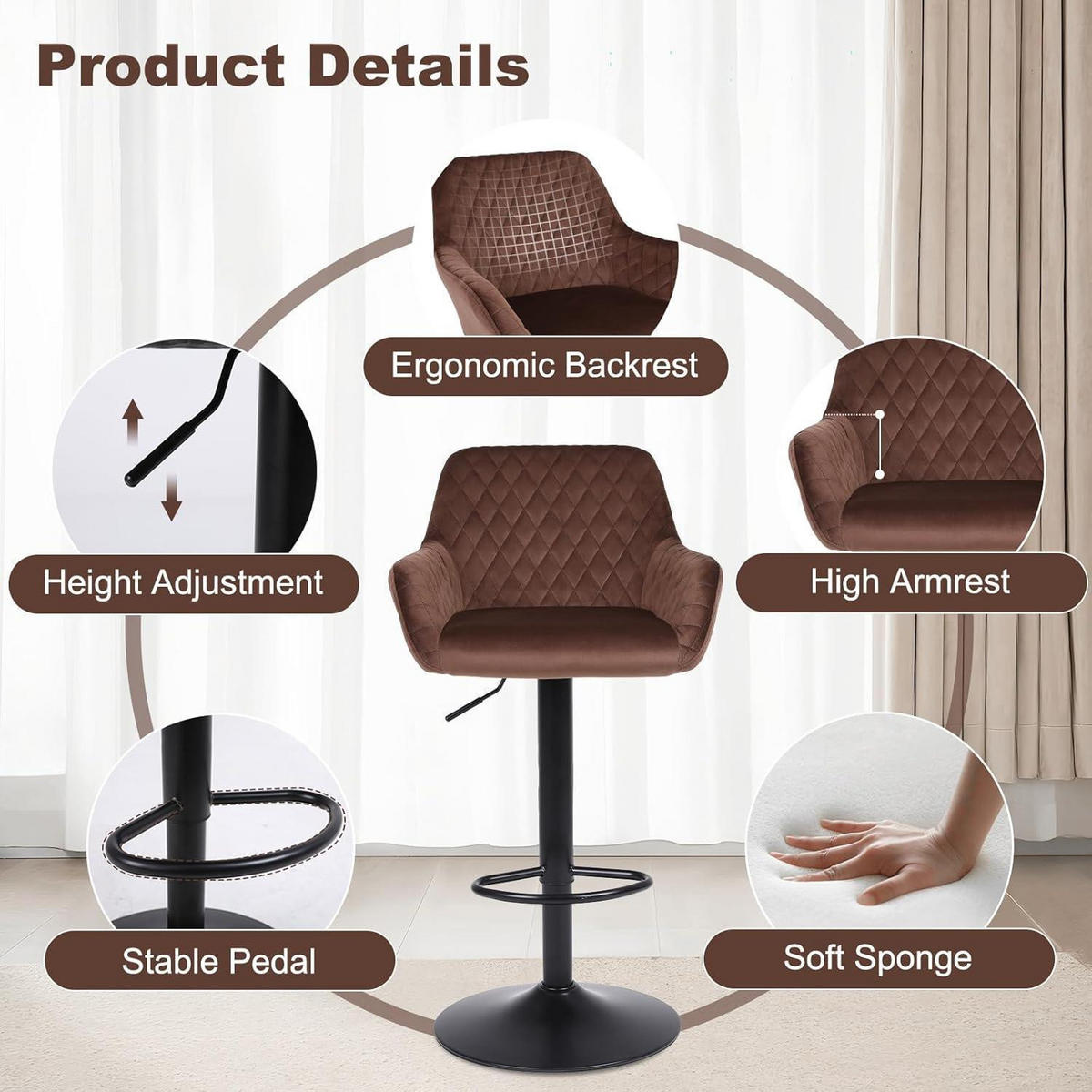 BARHOCKER 3er Set Samt Braun Höhenverstellbar Drehbar - Braun, Textil (51/110/38cm)