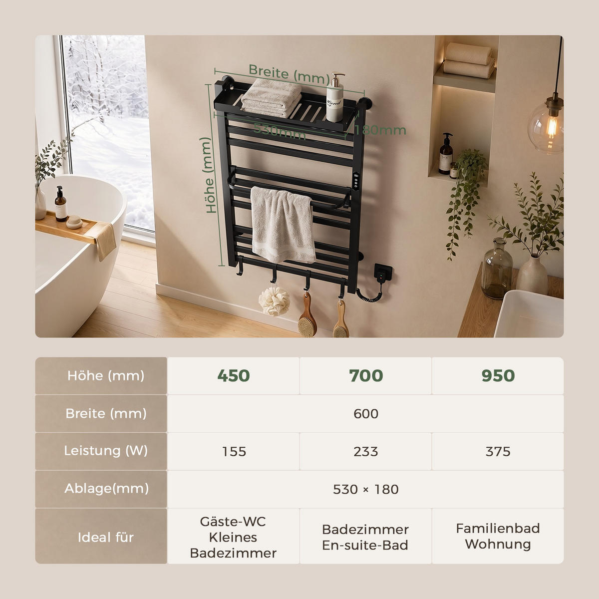HANDTUCHHEIZKÖRPER 45/60 cm Schwarz elektrisch 155 W mit WLAN, Ablage und 6 Haken - Schwarz, Metall (60/45/20cm) - S'AFIELINA