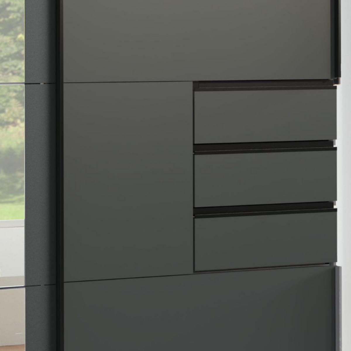 SCHWEBETÜRENSCHRANK 3-türig mit Spiegel, Schubladen, Vollausstattung in Grafit, B270/H208/64 cm / 22501 - Schwarz/Graphitfarben, Holzwerkstoff/Metall (270/208/64cm) - luma-home